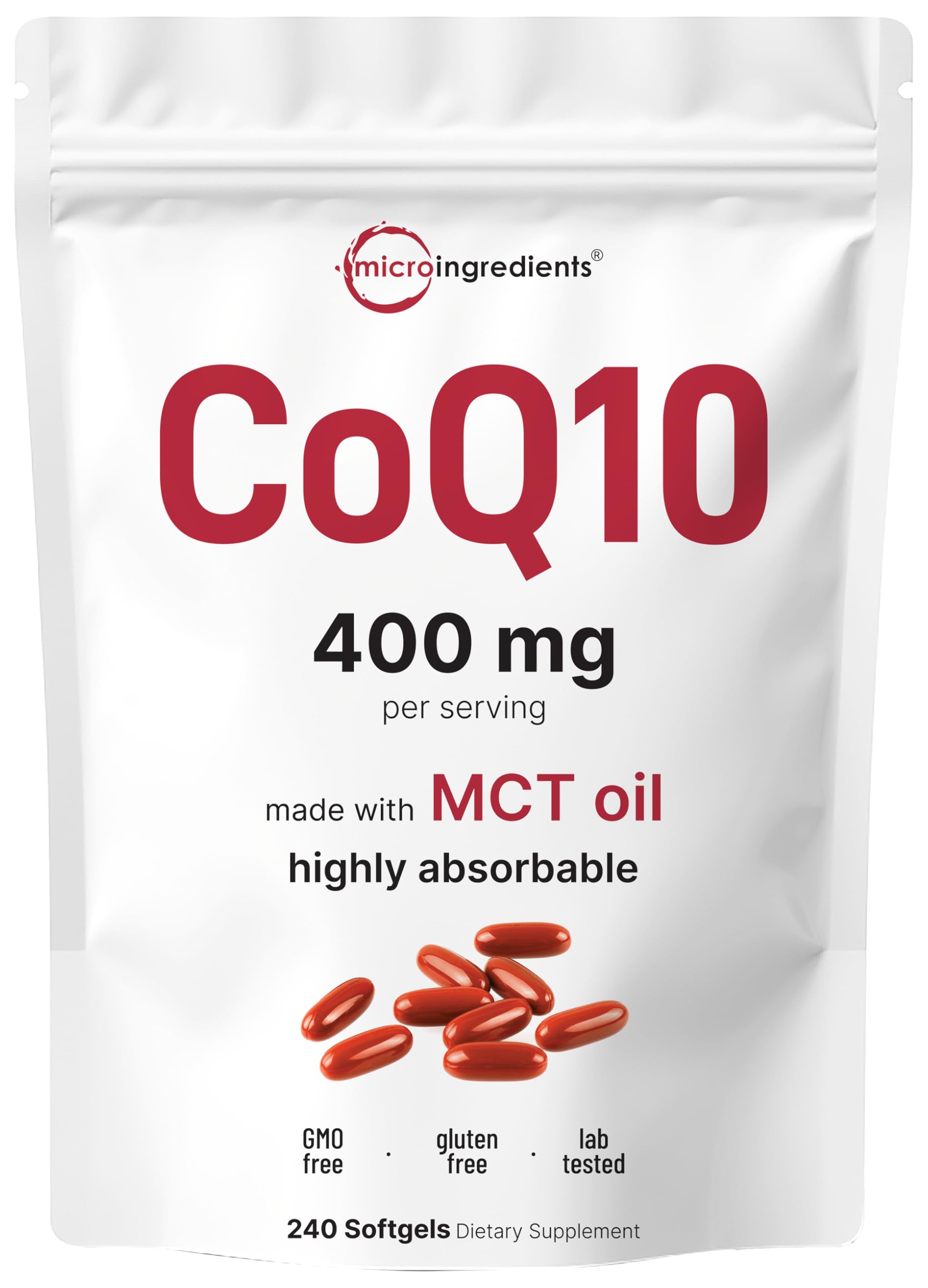Micro Ingredients CoQ10 en bouteille, dose 400 mg pour une absorption potentielle.