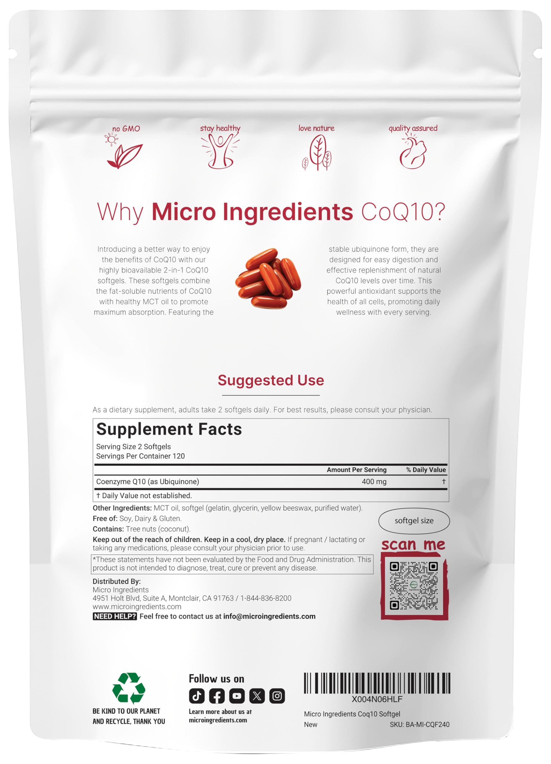 Capsules CoQ10 Micro Ingredients, texture douce et digestion facilitée grâce au MCT.