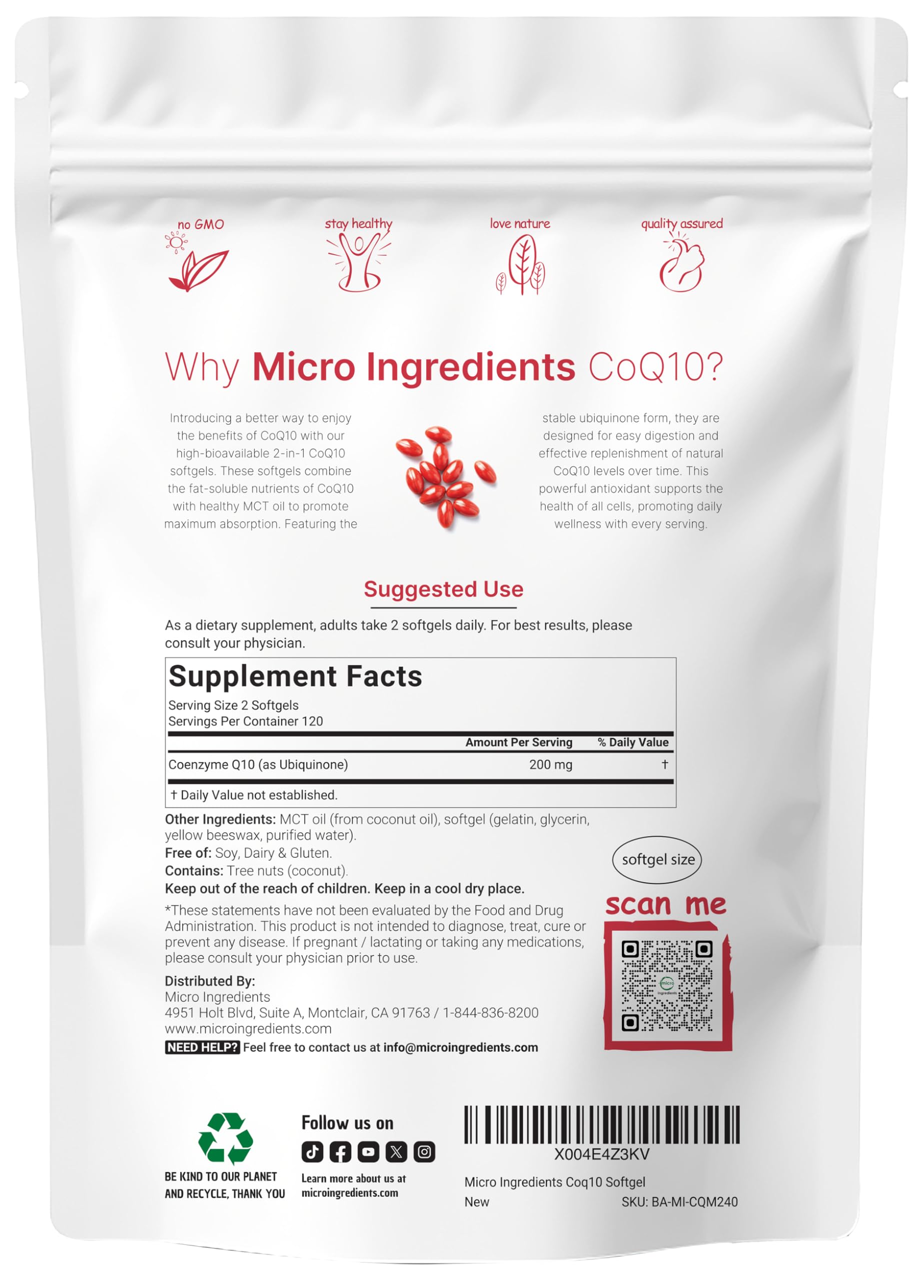 CoQ10 Micro Ingredients, pack de 240 softgels facile à prendre.