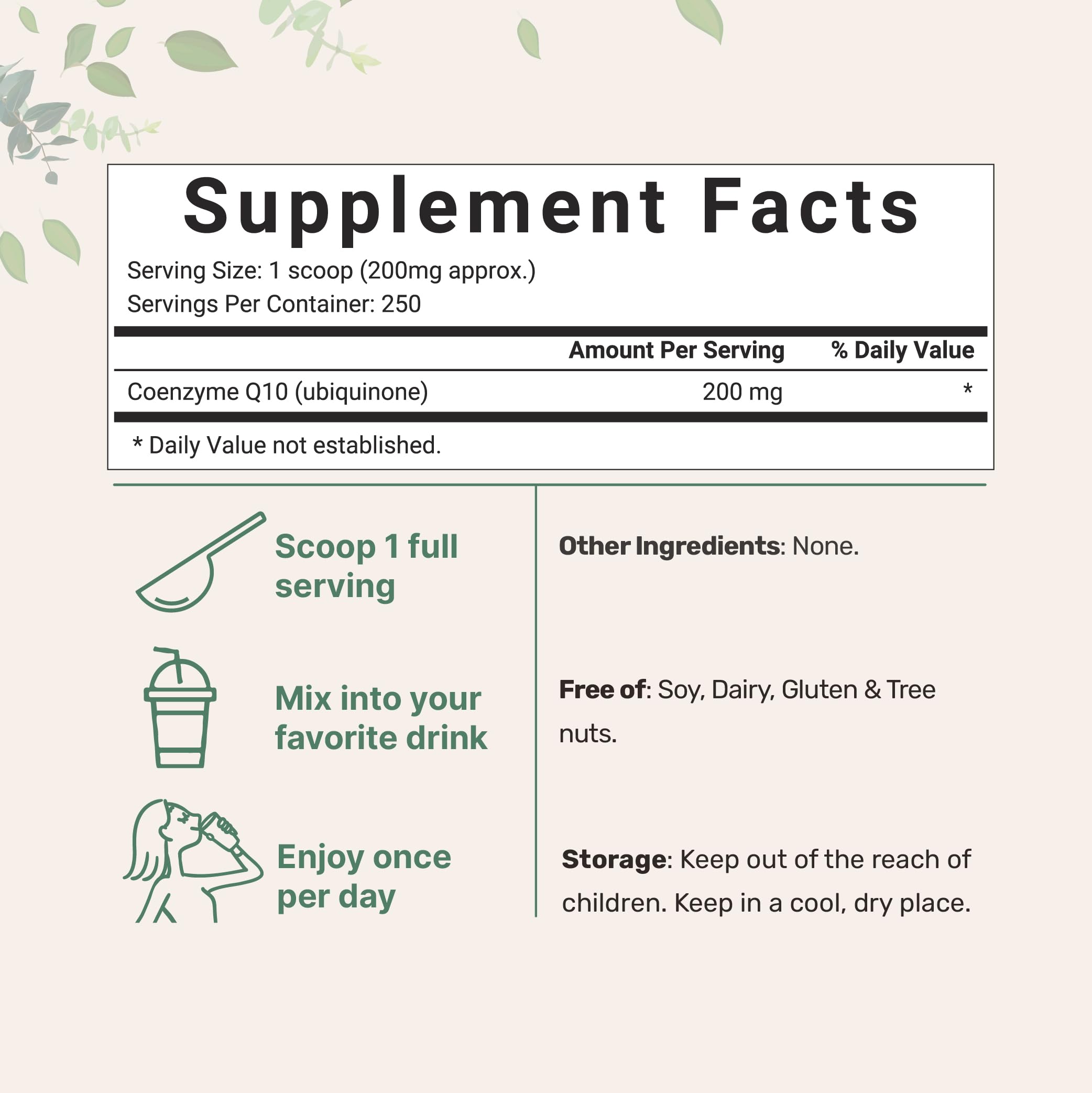 Micro Ingredients CoQ10 poudre dose 200 mg pour chaque portion