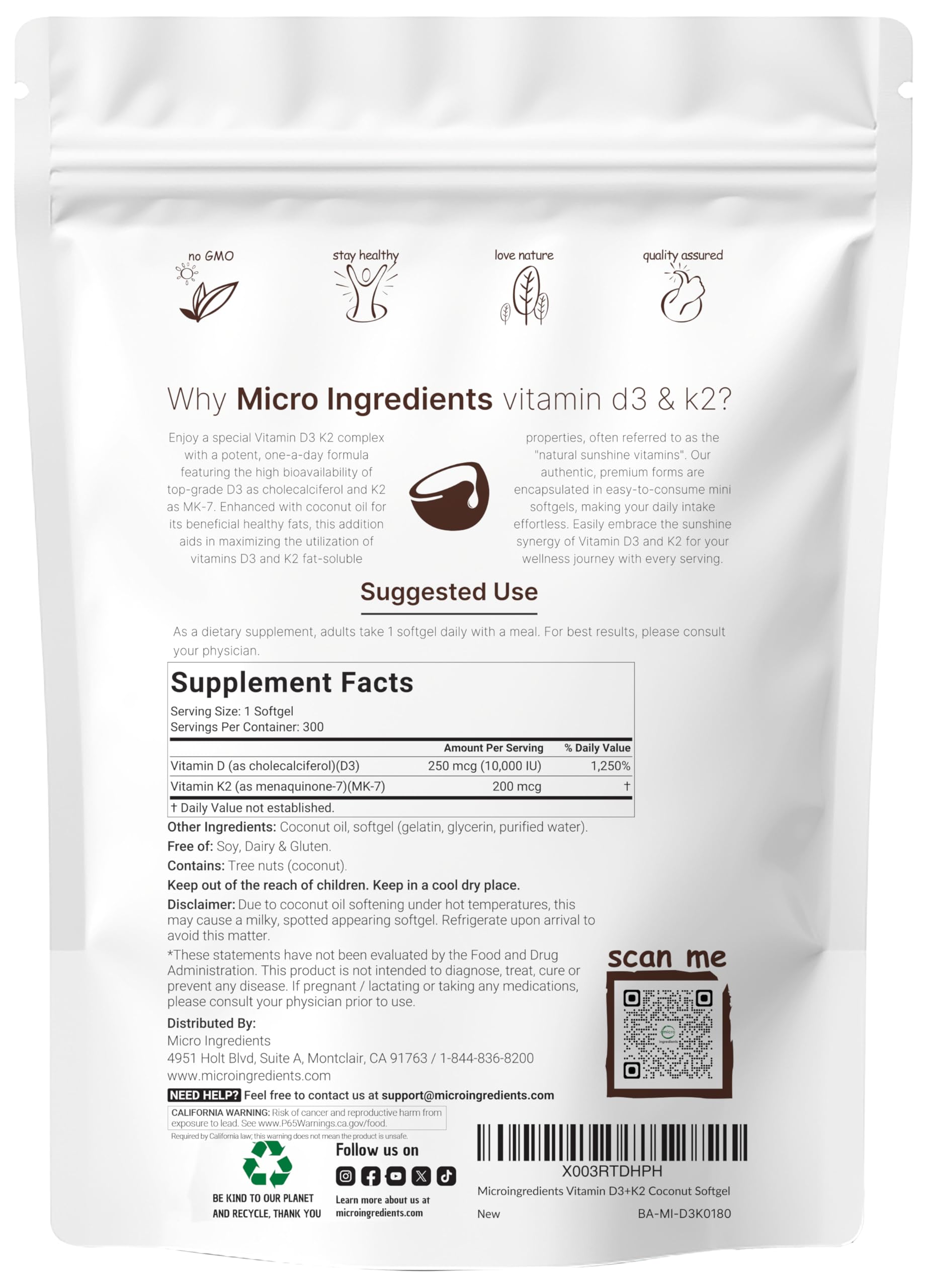 Emballage Micro Ingredients D3-K2, 300 gélules pour une utilisation longue.