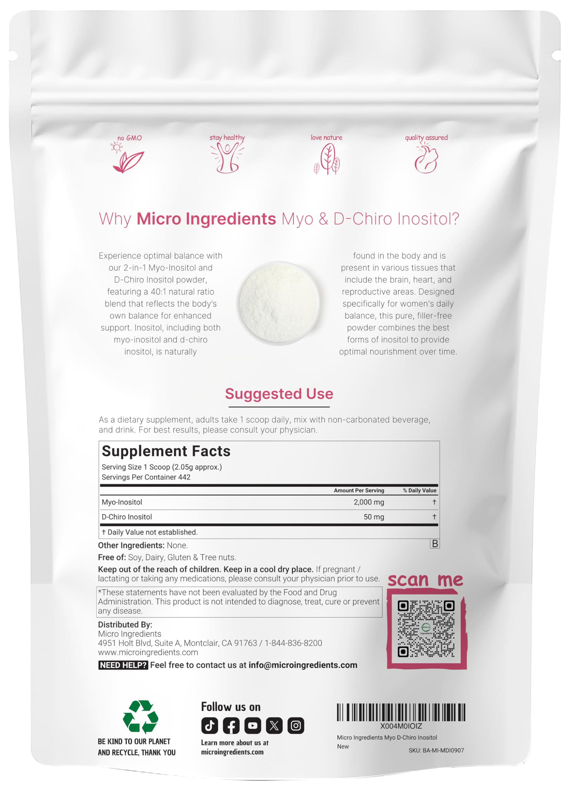 Doseur prêt à mesurer une portion de poudre Myo-Inositol.