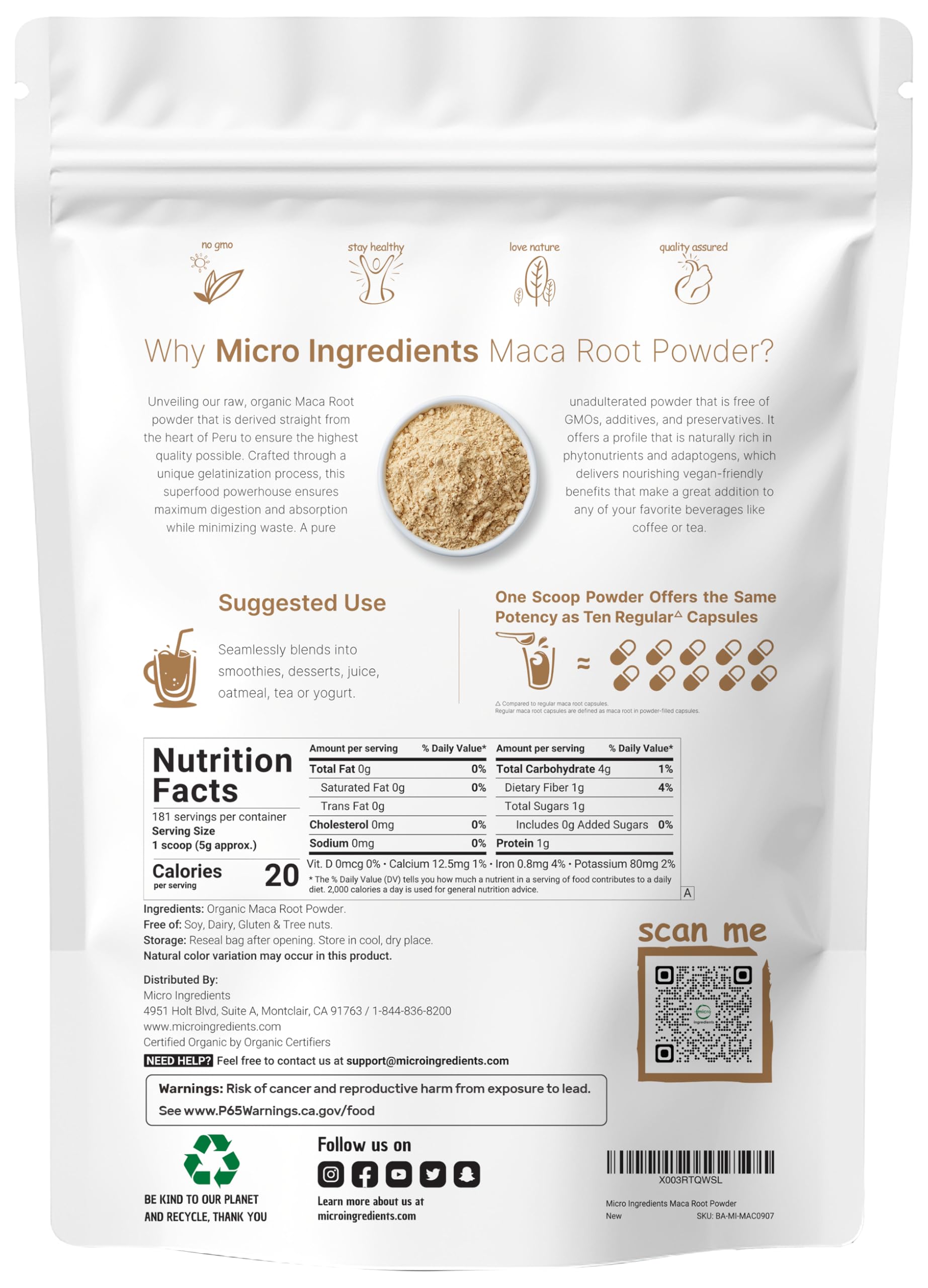 Doseur inclus Micro Ingredients maca bio pour mesures précises.