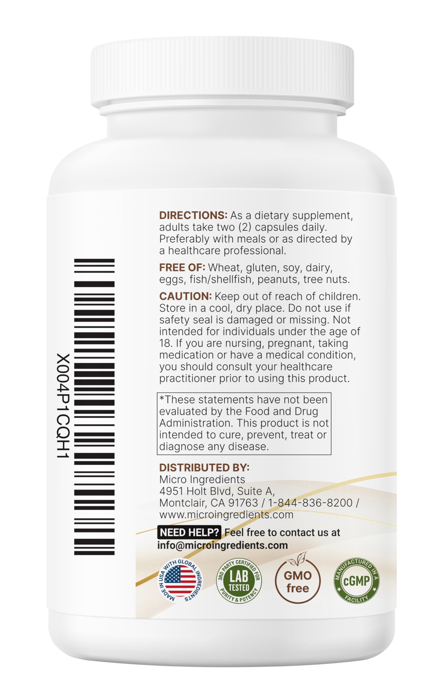 Étiquette produit Micro Ingredients, emballage clair et traçabilité du lot.