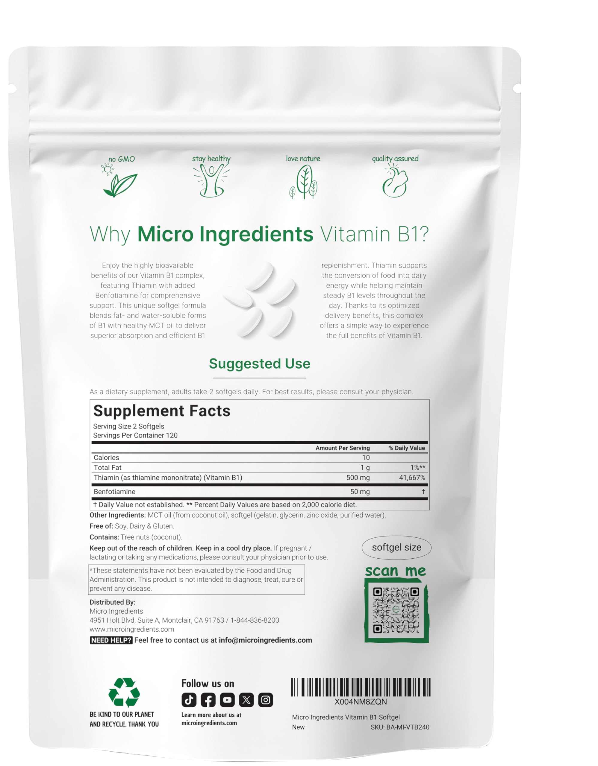 Gélules Micro Ingredients B1 avec MCT pour absorption douce.
