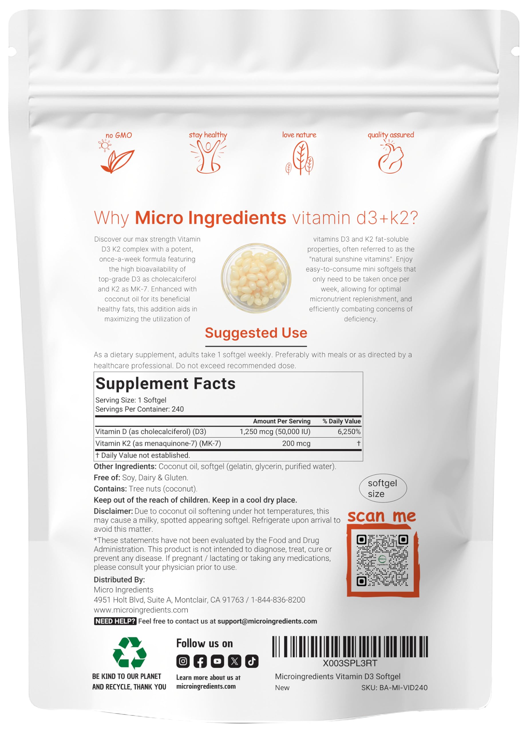 Gélules Micro Ingredients D3 K2 avec huile de coco, meilleure biodisponibilité.