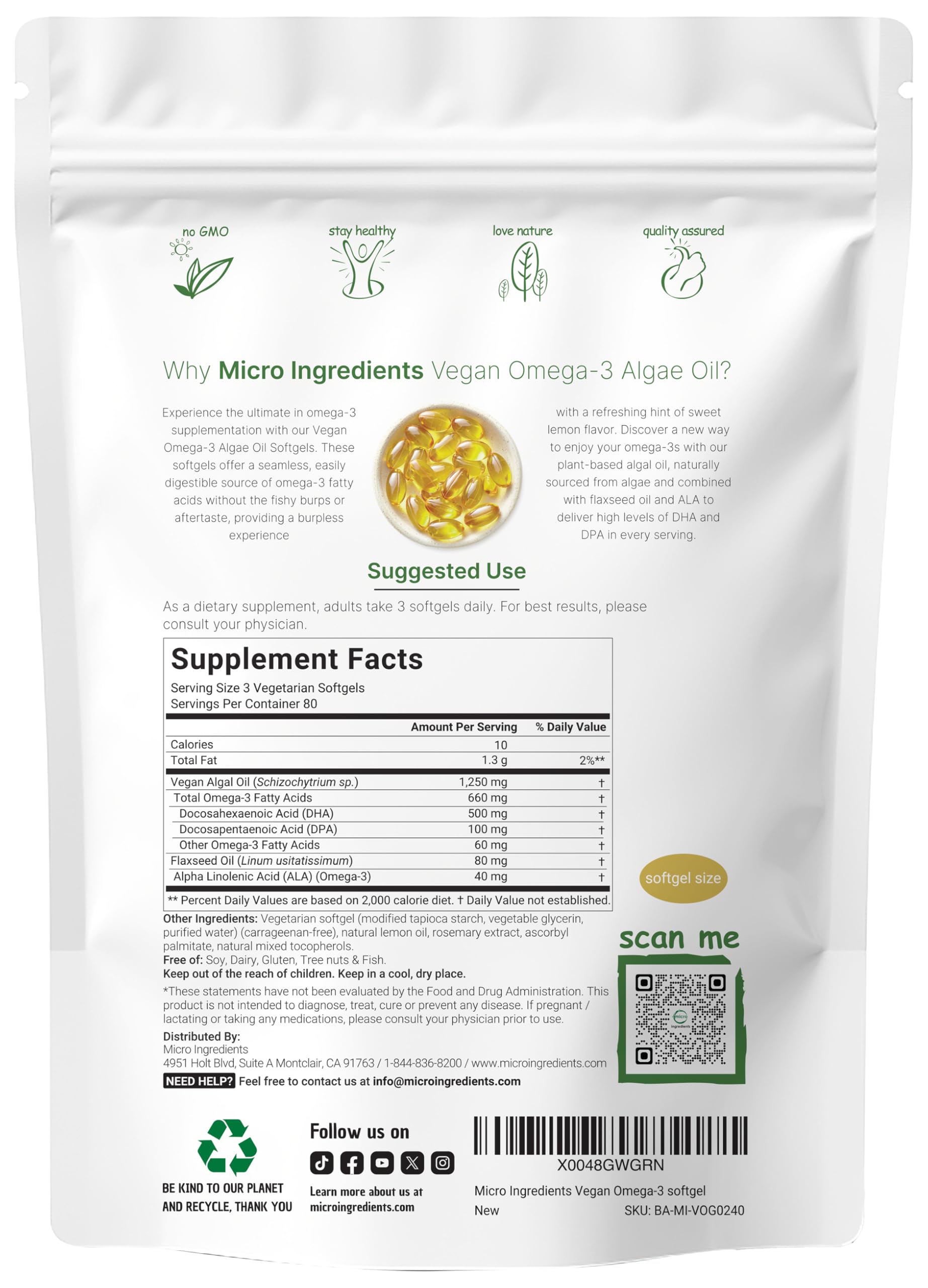 Gélules véganes Micro Ingredients oméga-3, DHA et DPA pour soutien quotidien.