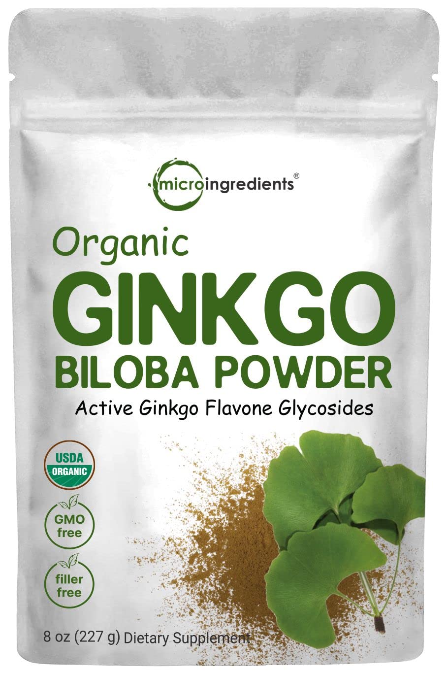 Micro Ingredients Ginkgo Biloba en poudre biologique emballage pratique et dosage précis.