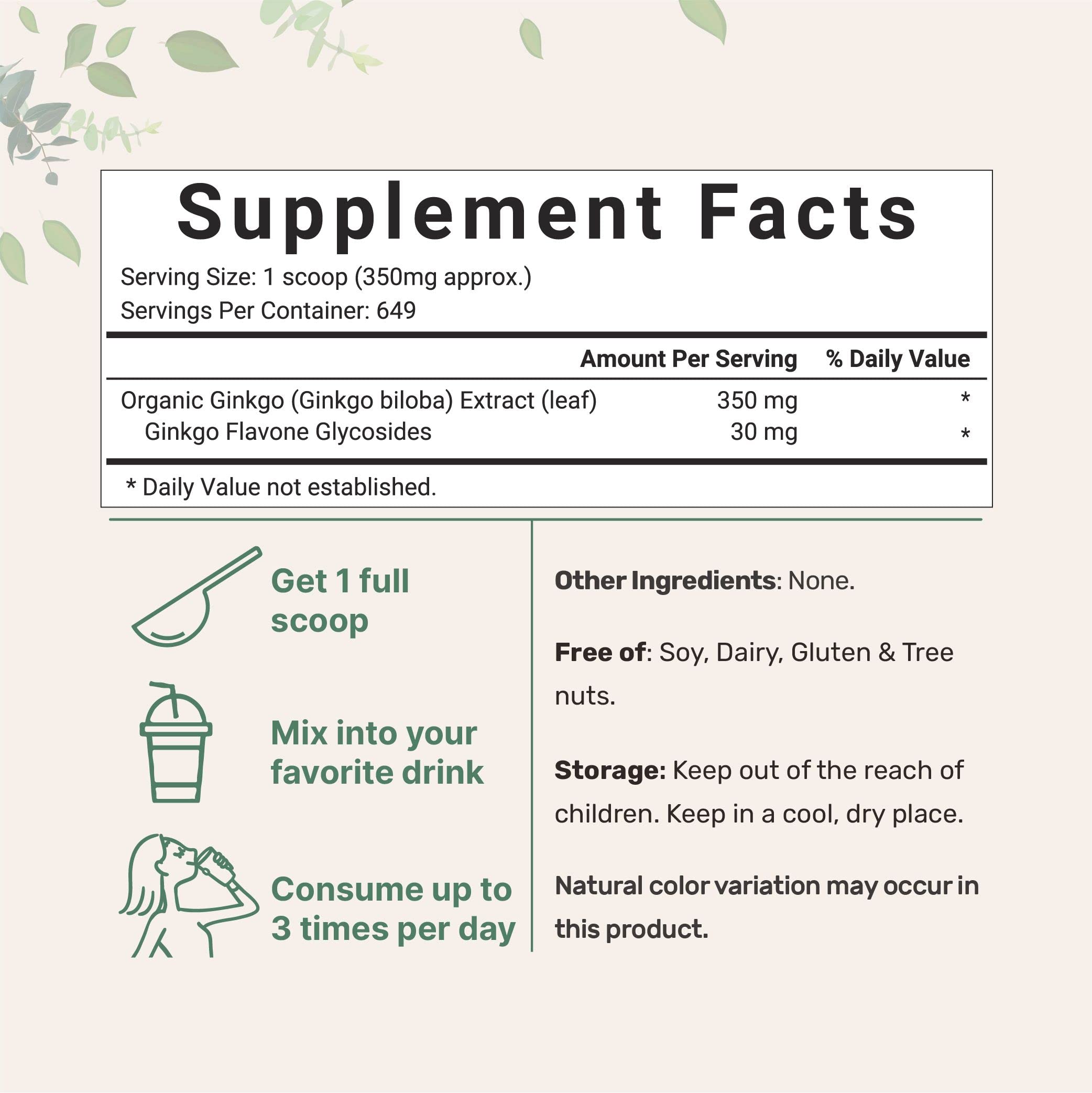 Poudre Micro Ingredients Ginkgo Biloba avec scoop inclus pour dosage fiable.