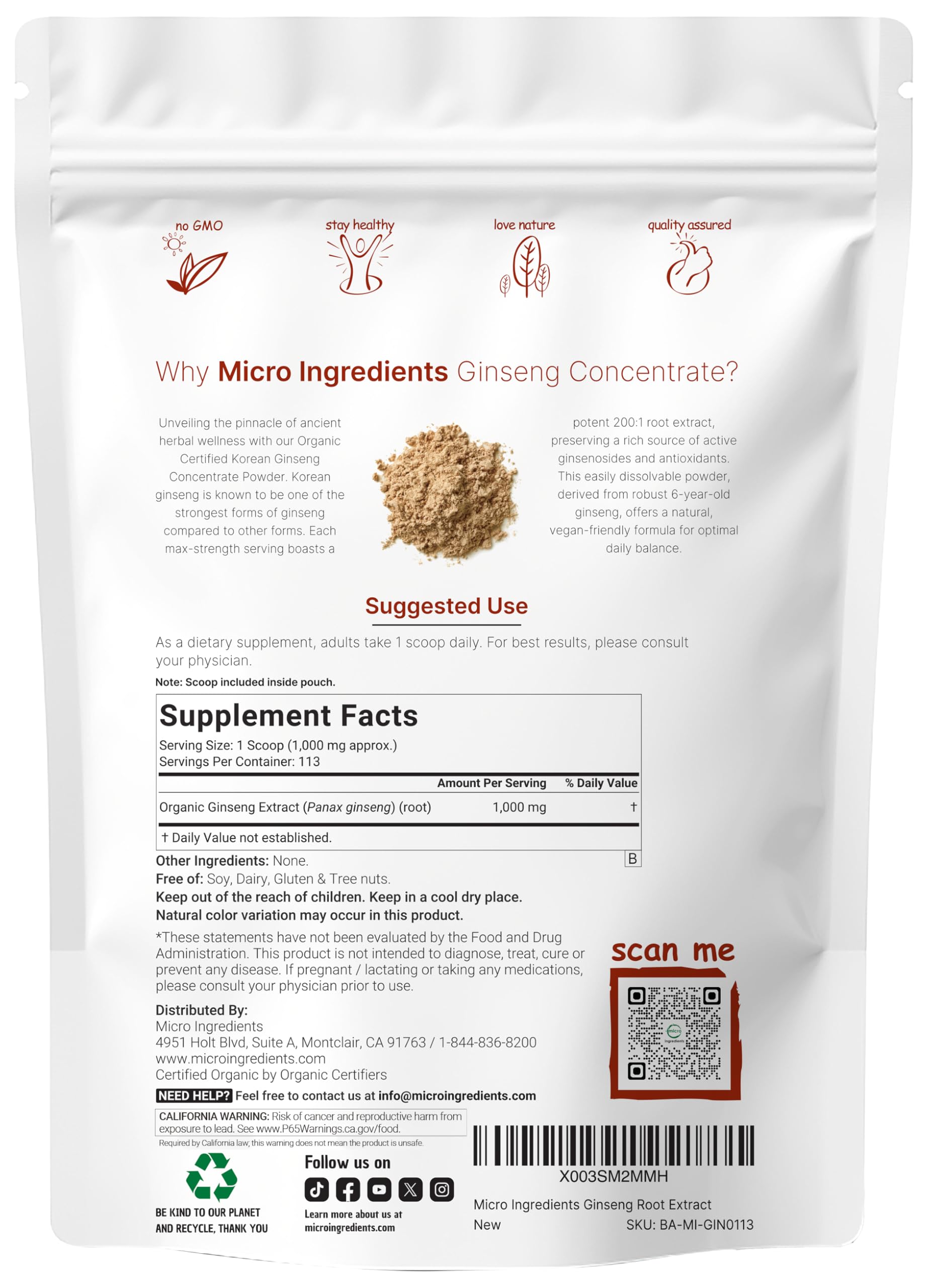 Ginseng rouge coréen Micro Ingredients en poudre, concentration élevée pour l'usage quotidien.