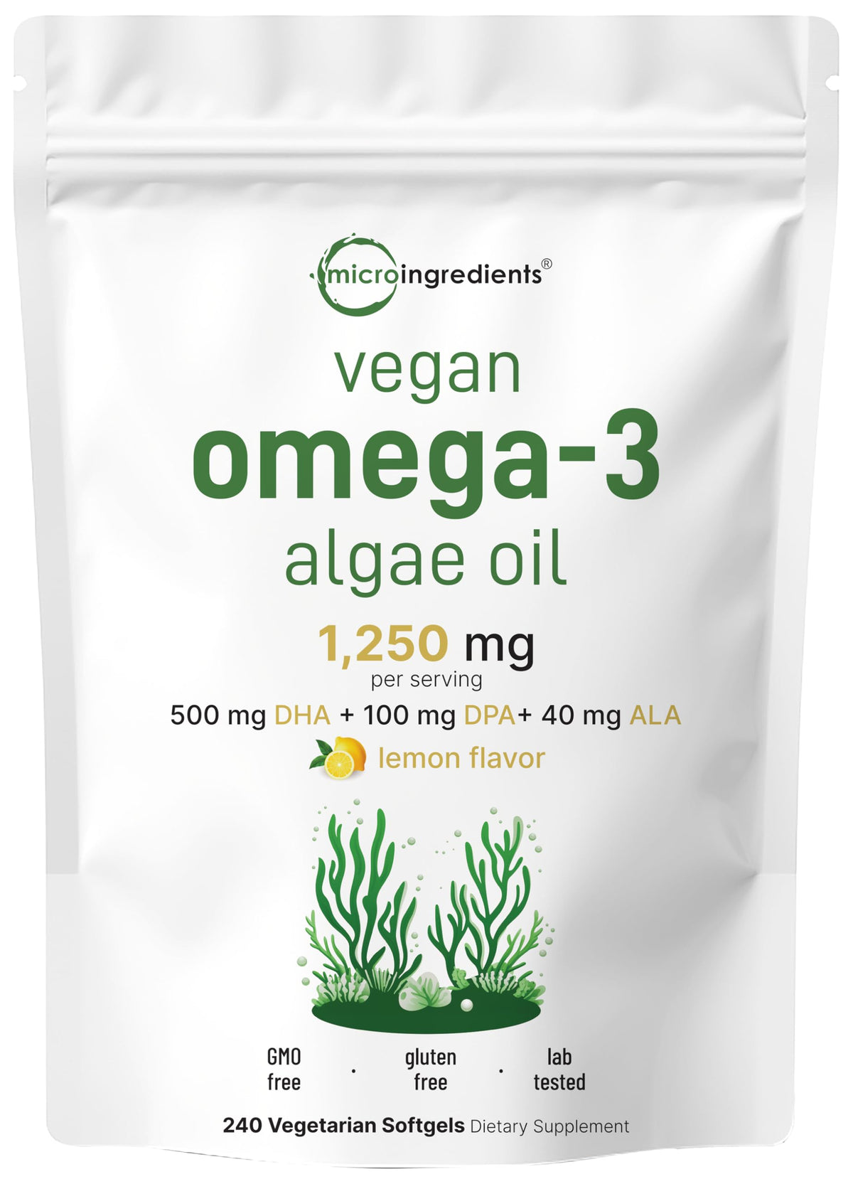 Gélules d'huile d'algues Micro Ingredients oméga-3, bouteille pratique, sans poisson pour routine quotidienne.