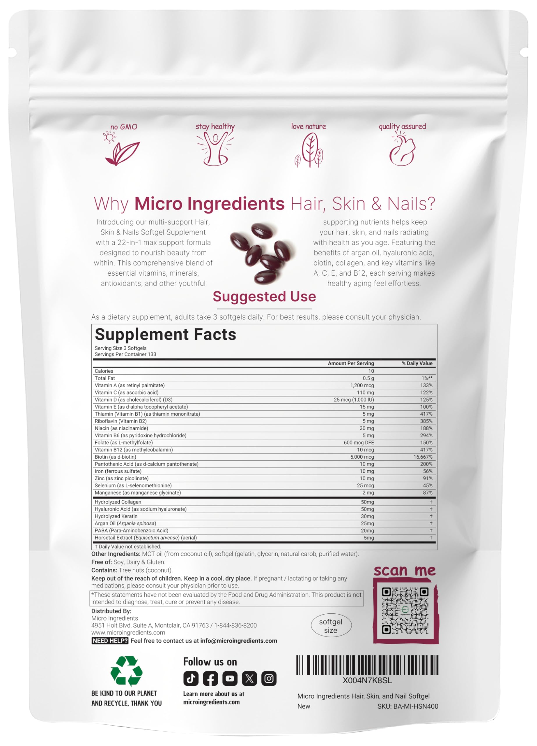 Micro Ingredients huile d'argan et acide hyaluronique, douceur et élasticité de la peau.