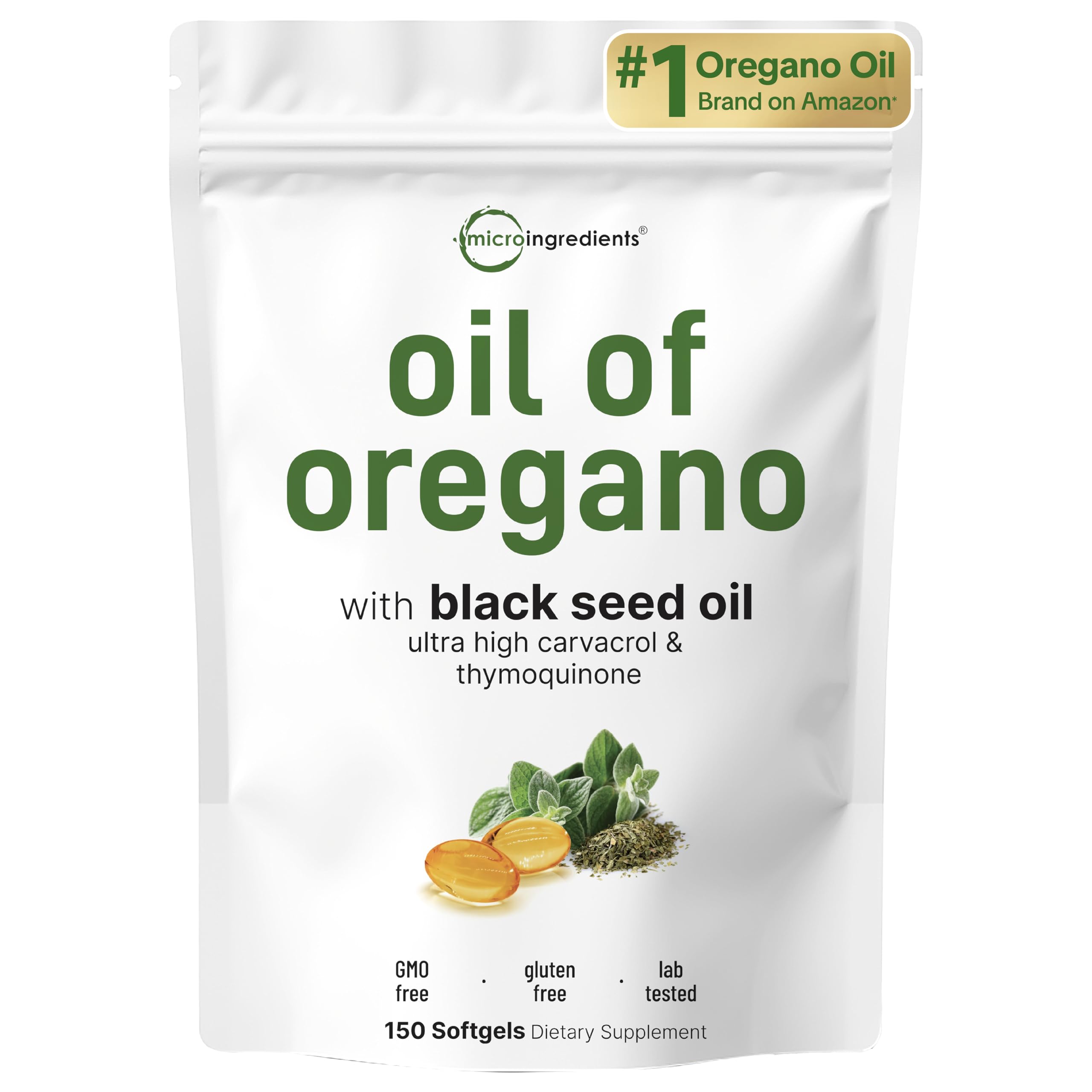 Gélules Micro Ingredients huile d'origan, flacon et présentation pour soutien nutritionnel