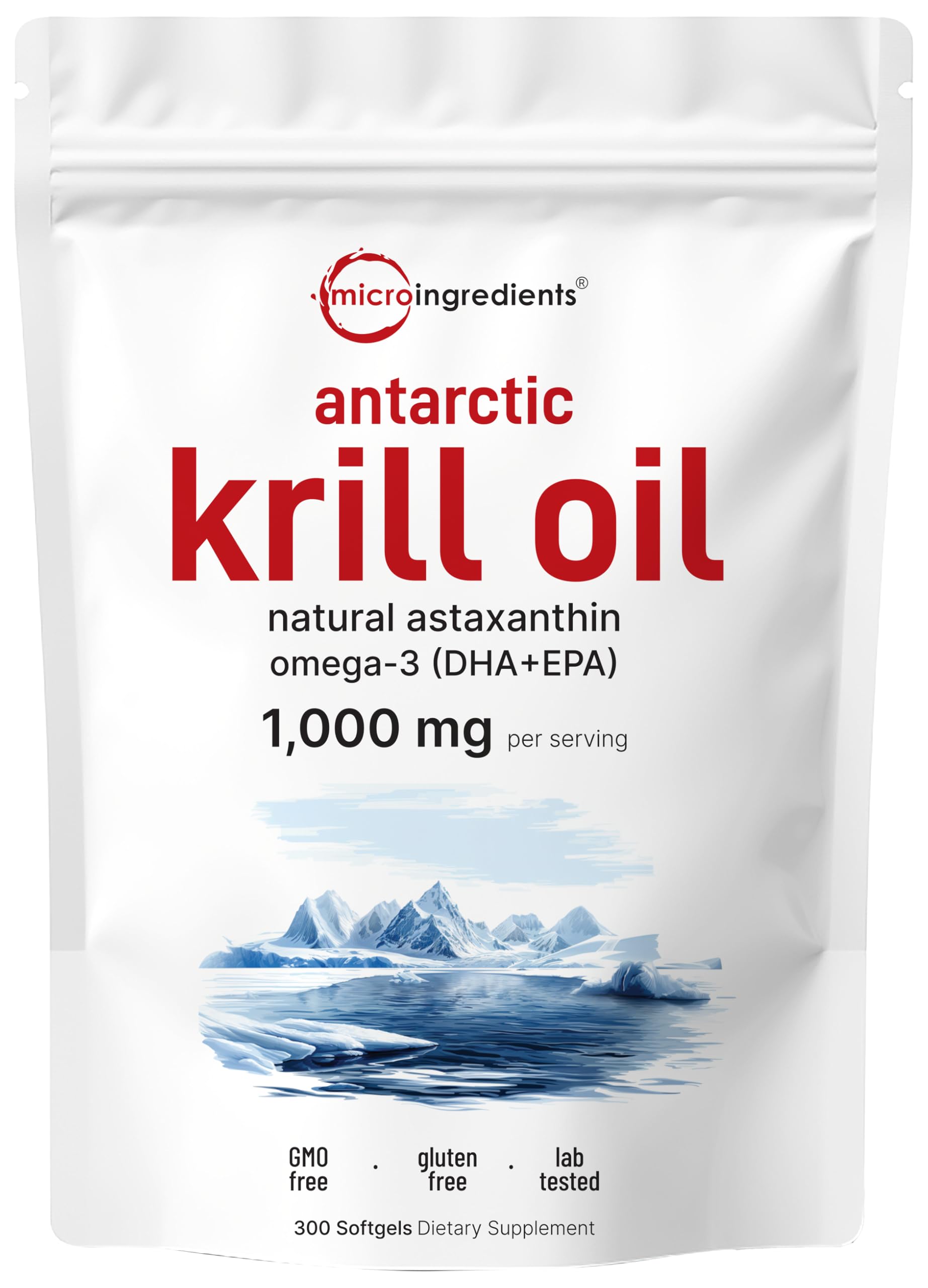 Micro Ingredients huile krill antarctique 1000mg, bouteille prête à l’emploi, dosage pratique.