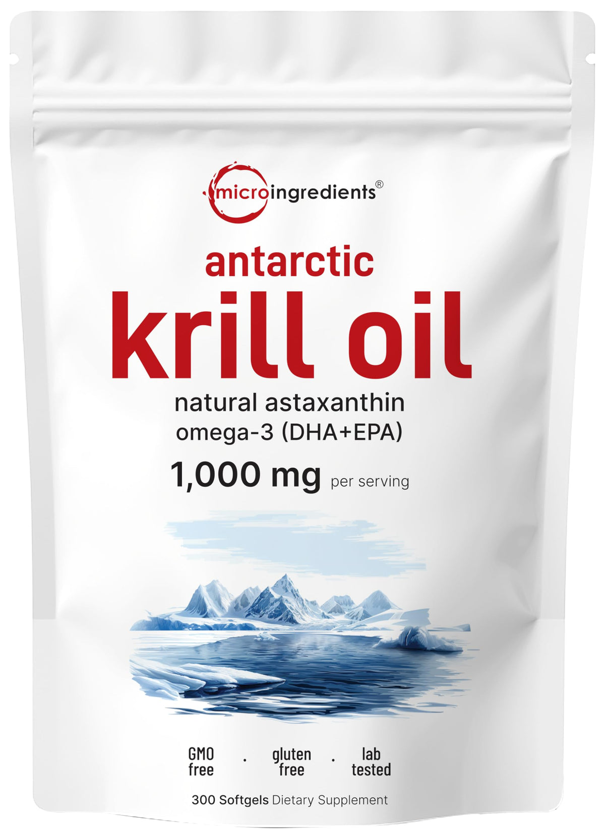 Micro Ingredients huile krill antarctique 1000mg, bouteille prête à l’emploi, dosage pratique.