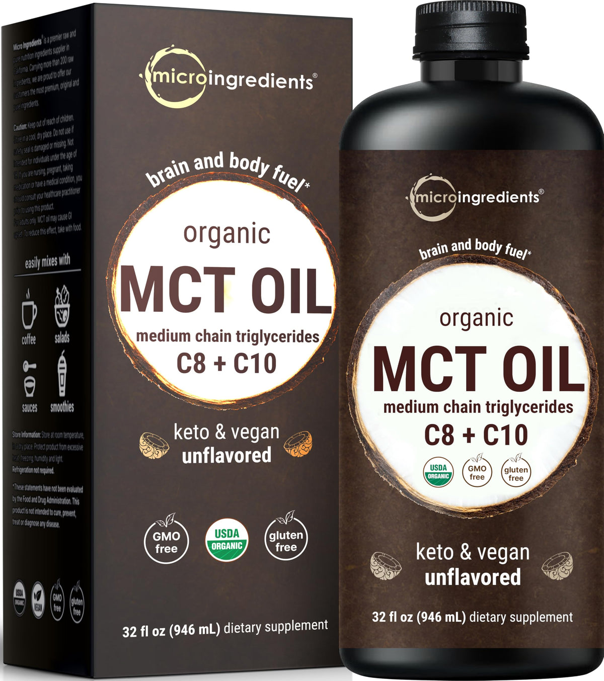 Huile MCT Micro Ingredients en bouteille de 32 oz, idéale pour le café ou les préparations quotidiennes.