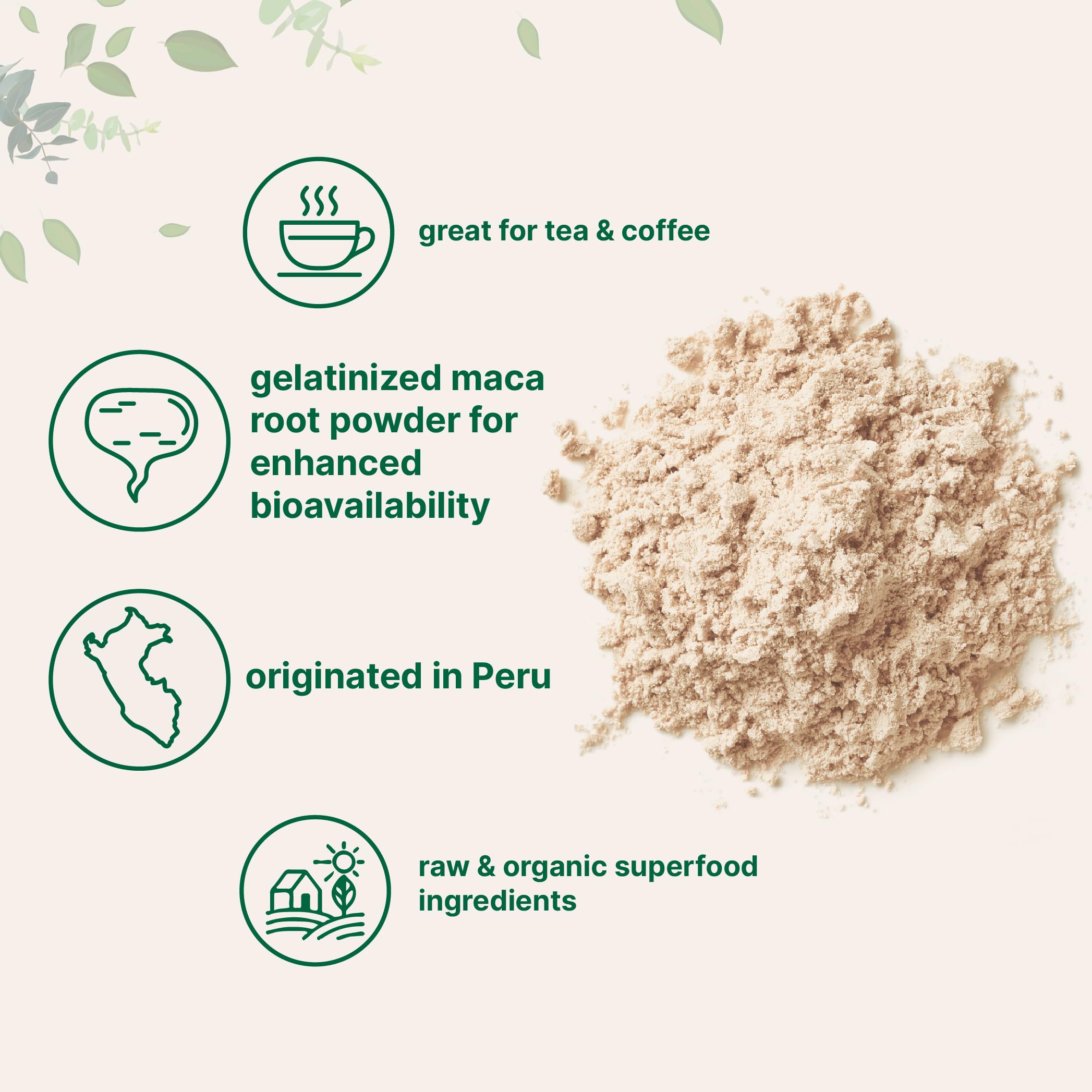 Texture poudre dorée Micro Ingredients maca bio, idéale dans thé ou café.