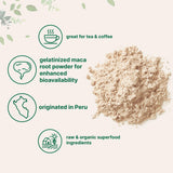 Texture poudre dorée Micro Ingredients maca bio, idéale dans thé ou café.