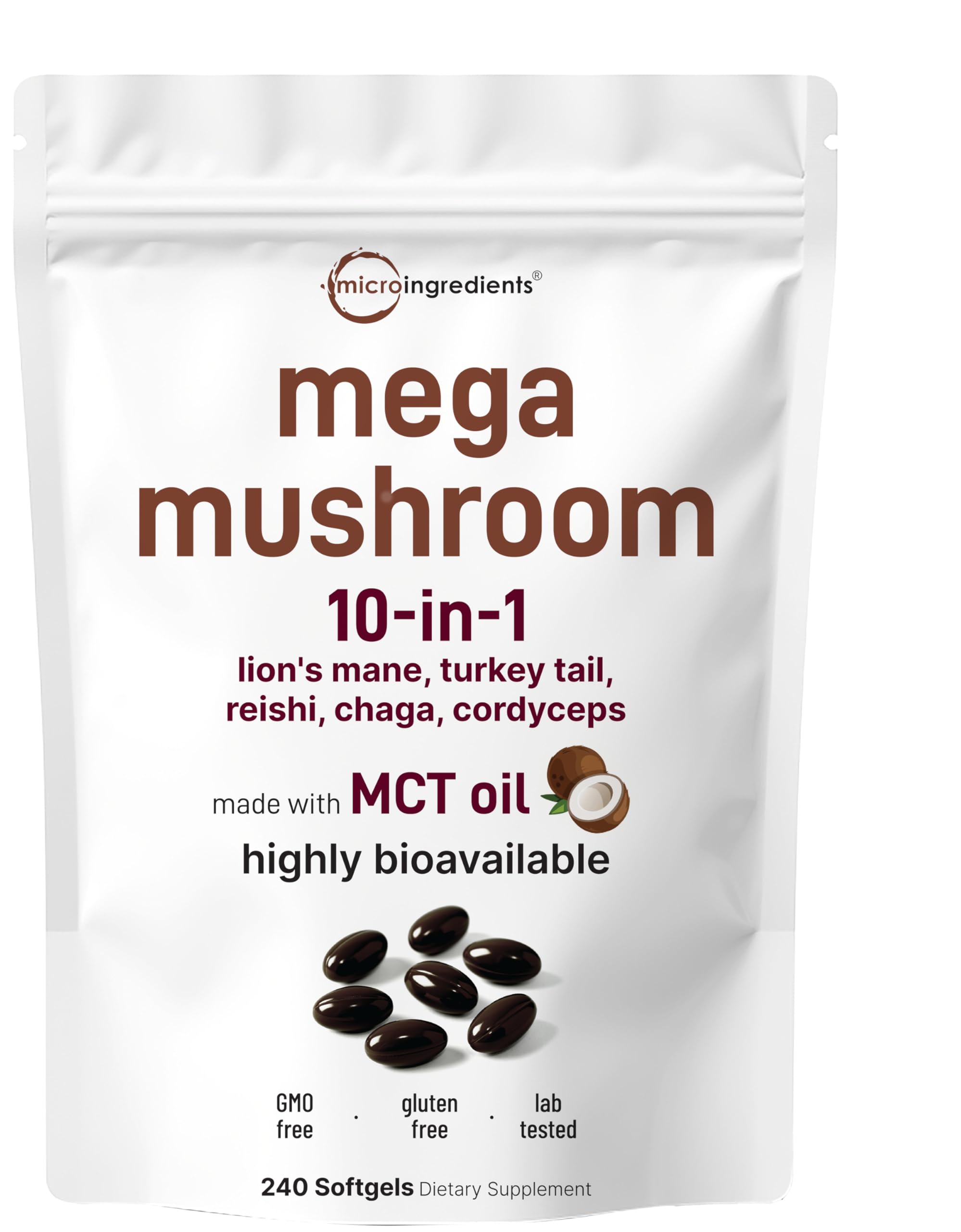 Gélules Micro Ingredients Mega Mushroom dans une bouteille, pratique pour la routine quotidienne.