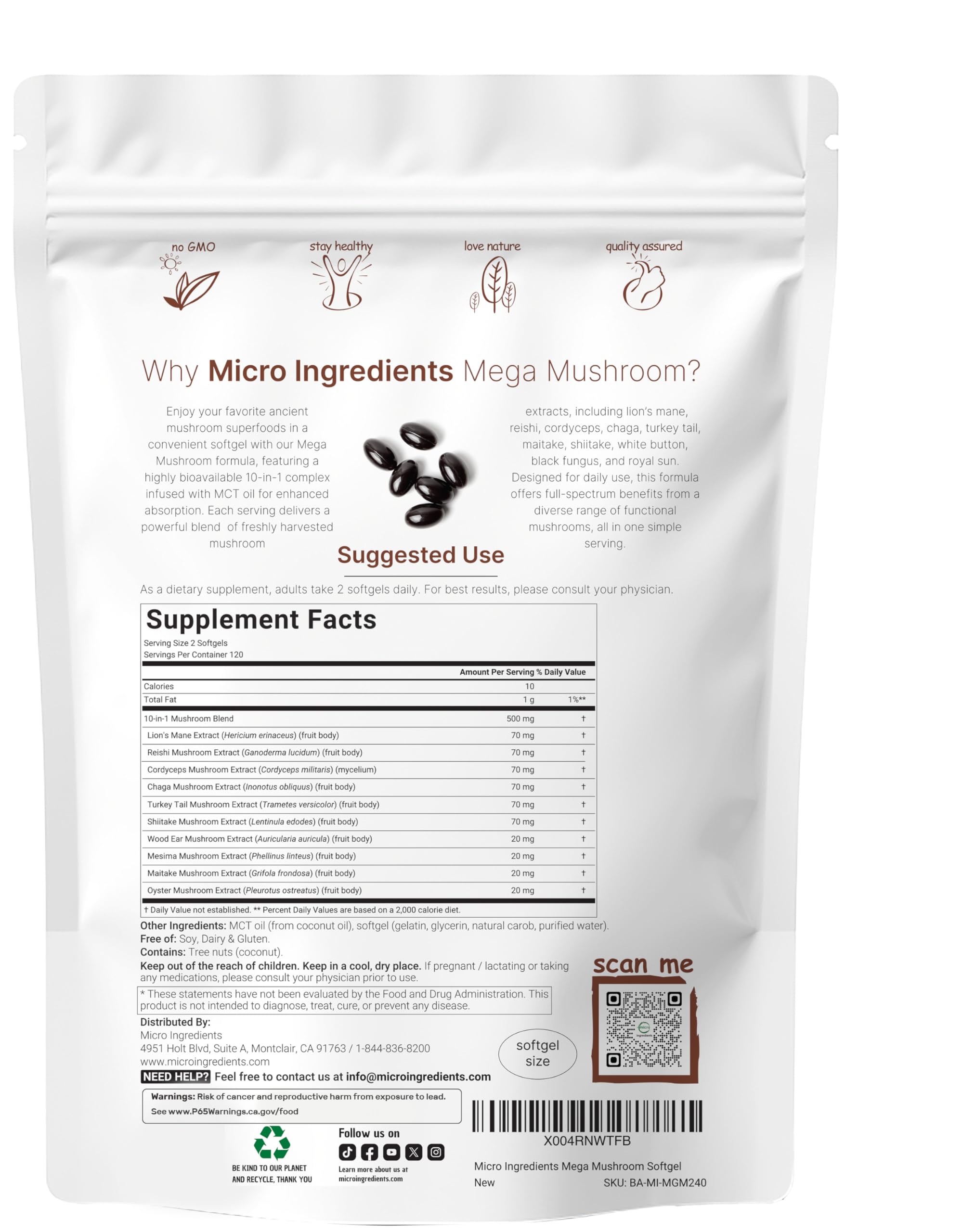 Prise journalière avec gélules Mega Mushroom et huile MCT, absorption améliorée.