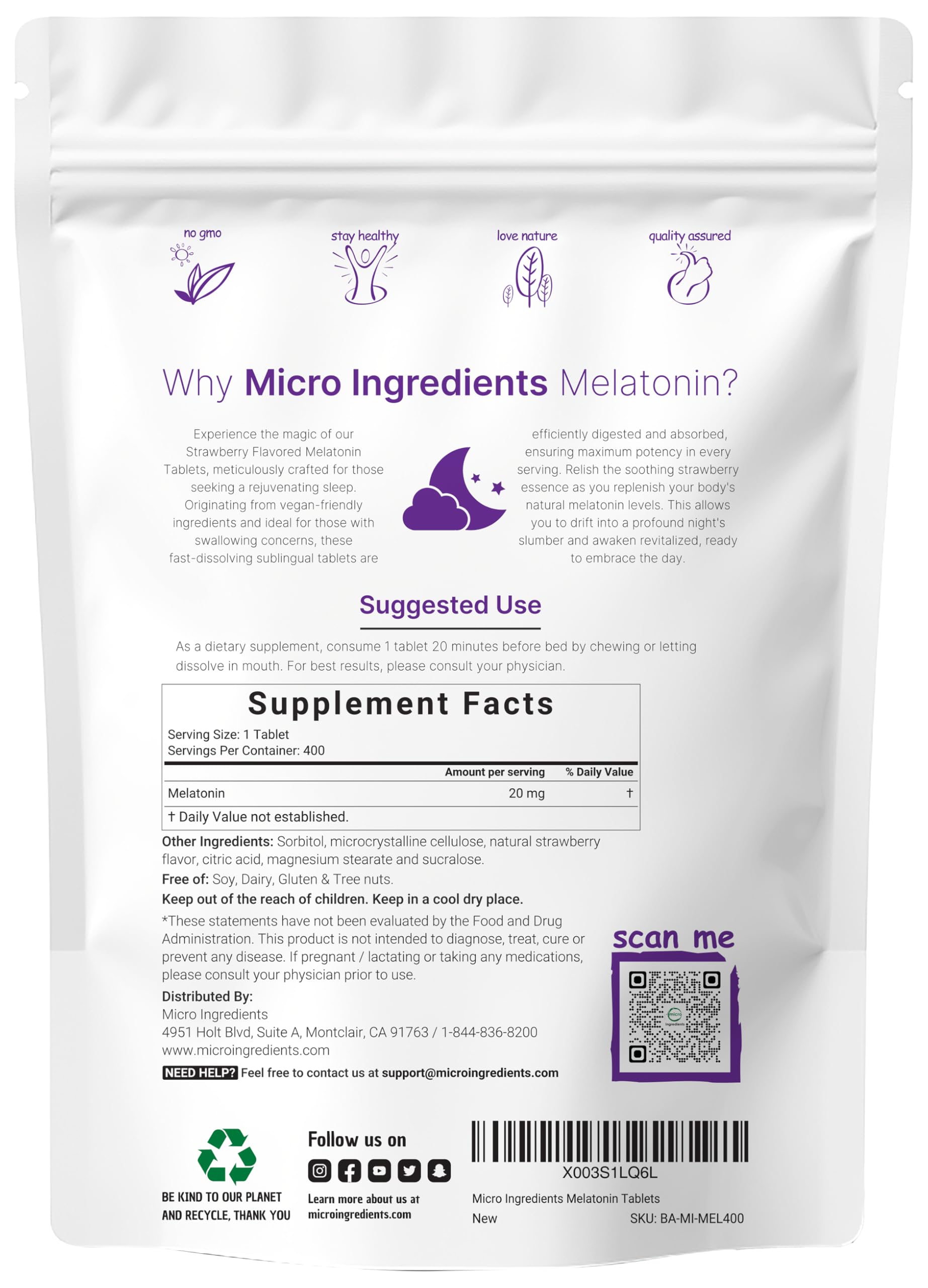 Mélatonine Micro Ingredients saveur fraise naturelle, rituel nocturne agréable.