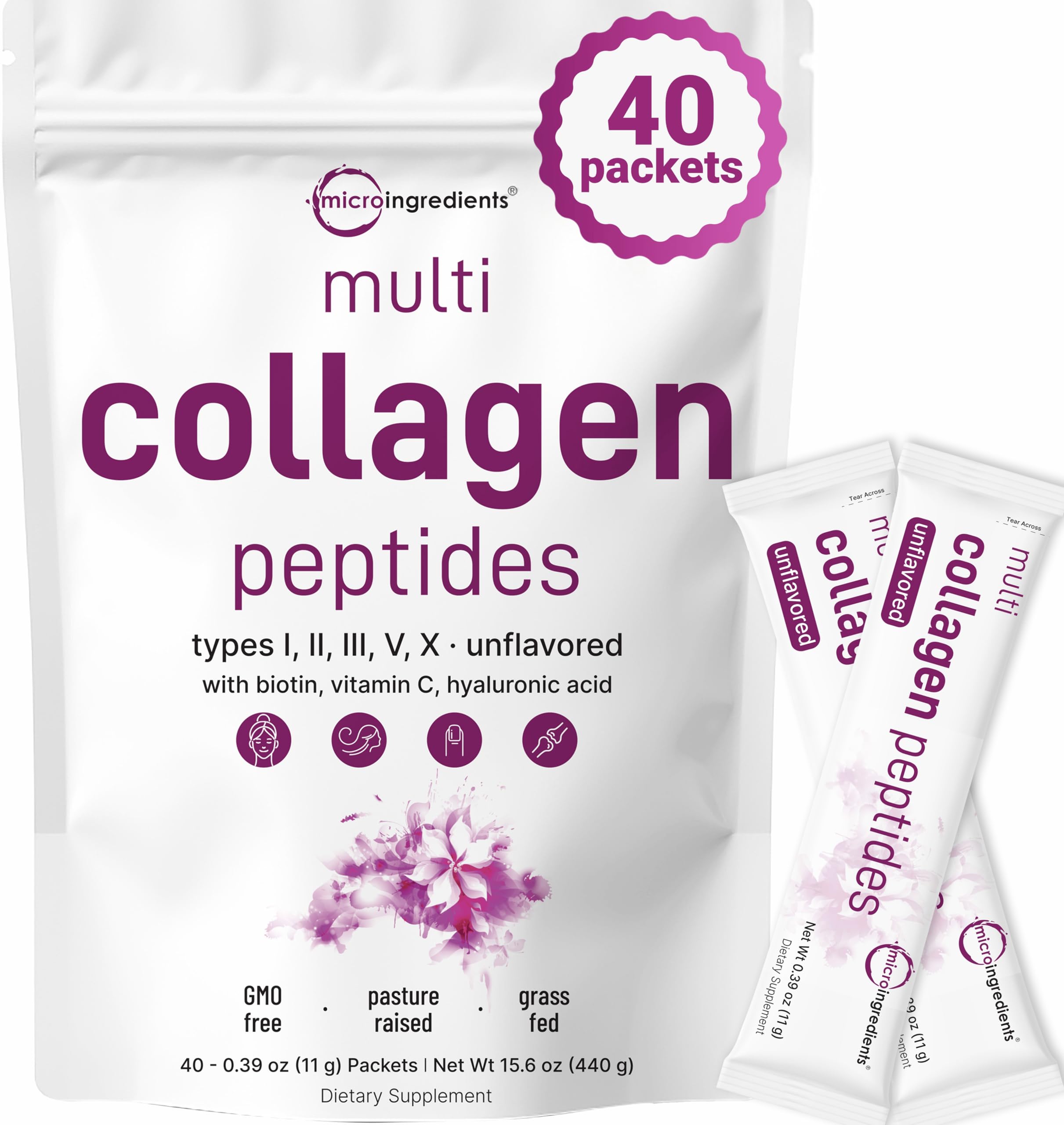 Micro Ingredients Multi Collagen Peptides en poche, pratique pour nourrir cheveux et peau.