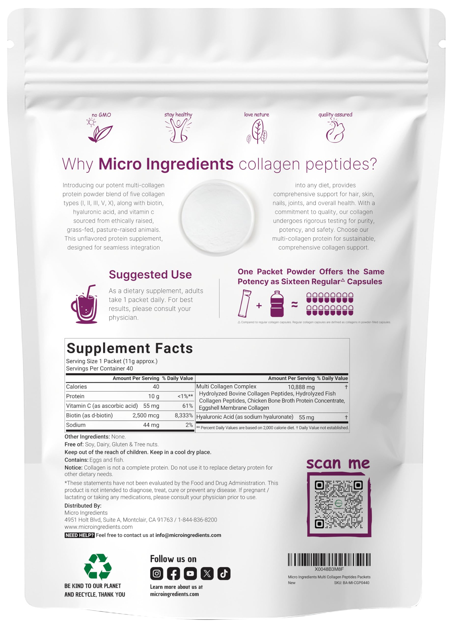 Sachets Micro Ingredients 40 sticks, dosage pratique pour peau et articulations.
