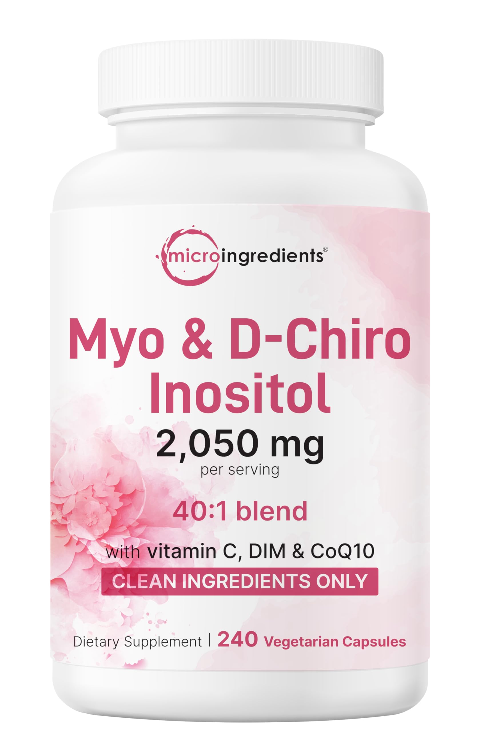 Micro Ingredients Myo-D-Chiro Inositol – bouteille montrant le flacon, soutien hormonal potentiel.