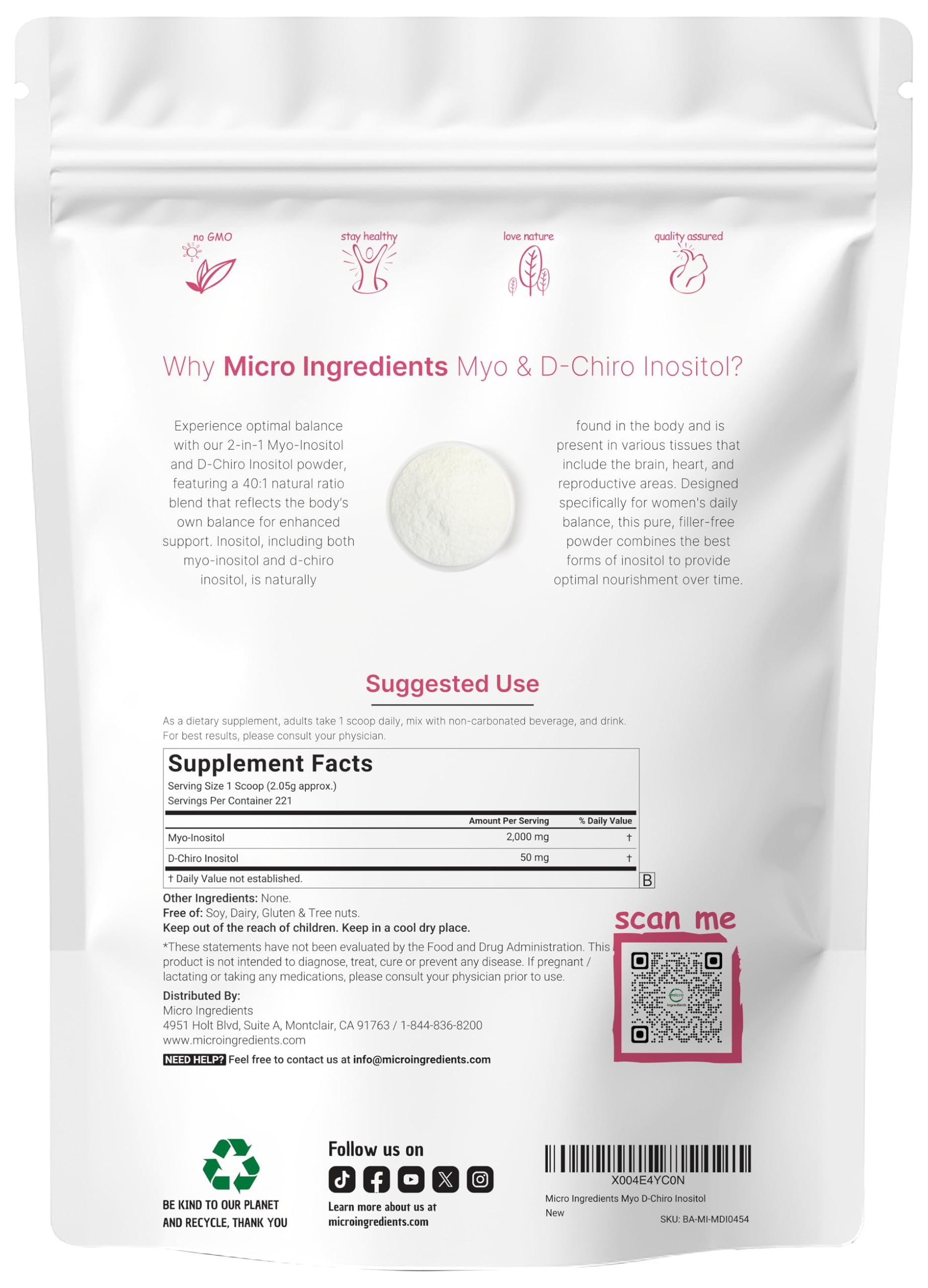 Cuillère-mesure incluse pour doser 2000 mg de Myo-Inositol et 50 mg de D-Chiro