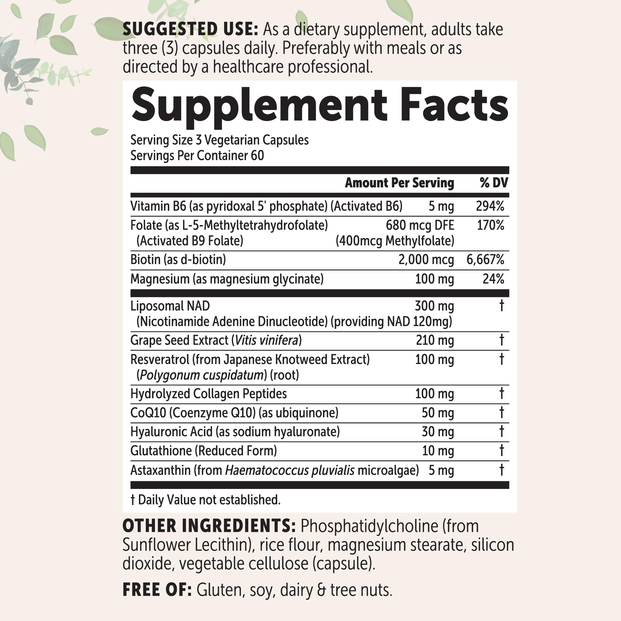 Micro Ingredients Liposomal NAD+ — liste 12-en-1 d'ingrédients pour soins complets.
