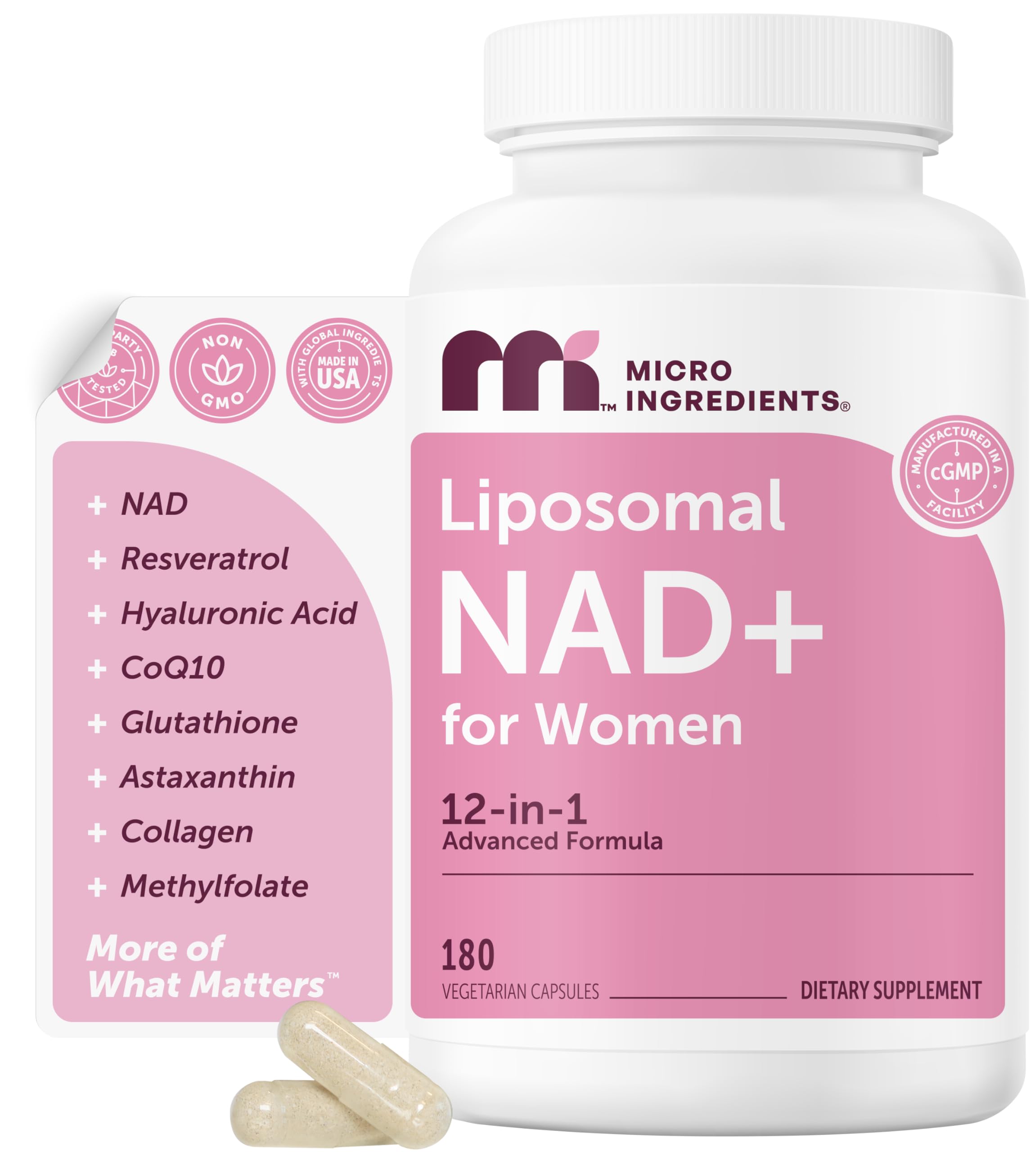Micro Ingredients Liposomal NAD+ pour femmes — bouteille pratique pour usage quotidien.