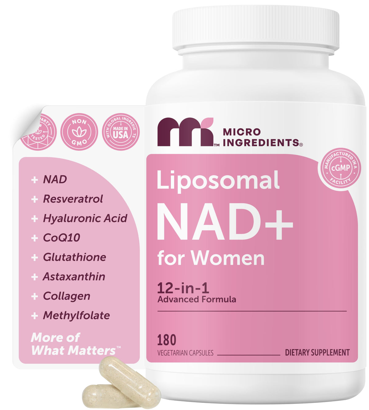 Micro Ingredients Liposomal NAD+ pour femmes — bouteille pratique pour usage quotidien.