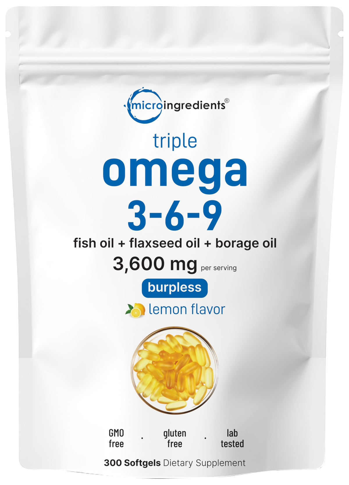 Micro Ingredients Omega 3-6-9 : bouteille citron, riche en oméga pour le quotidien