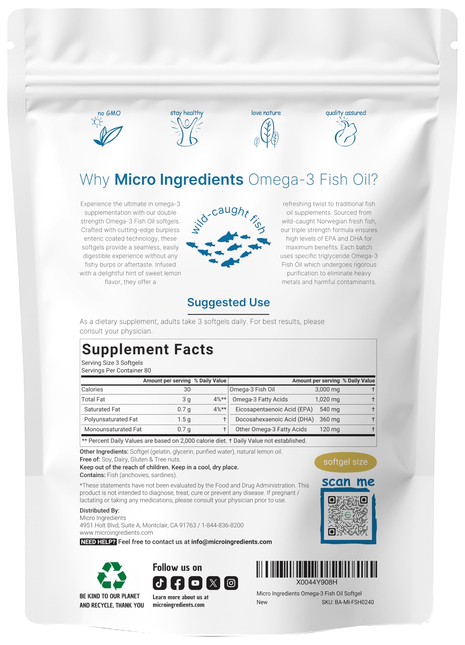 Micro Ingredients Omega3 goût citron, capsules enteric pour digestion confortable
