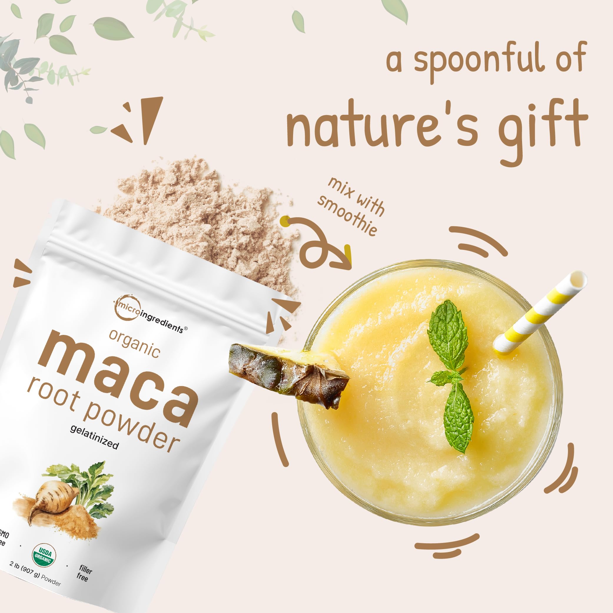 Micro Ingredients maca péruvienne en poudre, parfaite pour smoothies matinaux.