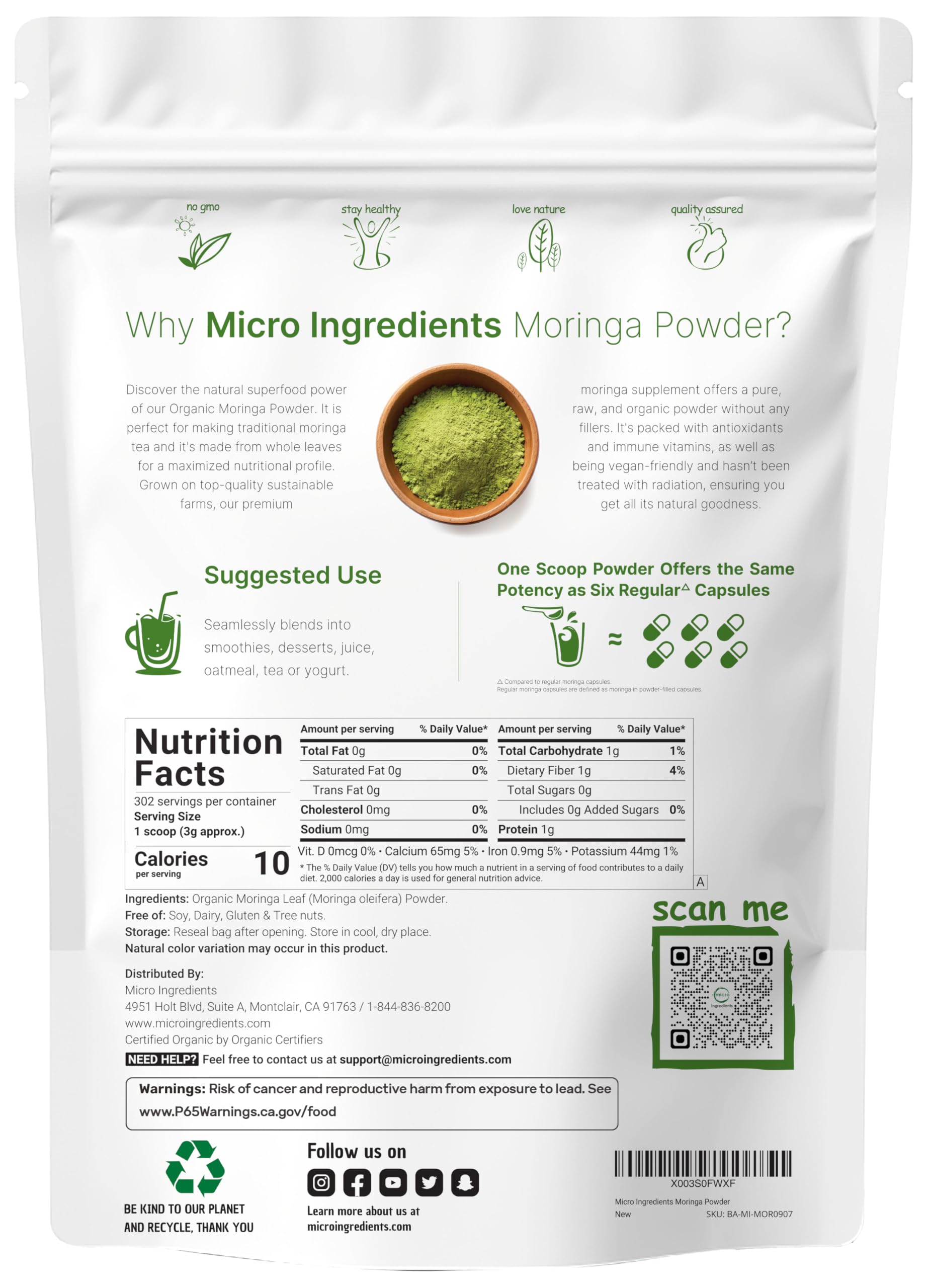 Micro Ingredients Poudre Moringa Doseur Mesure — pratique pour ajouter à une boisson.