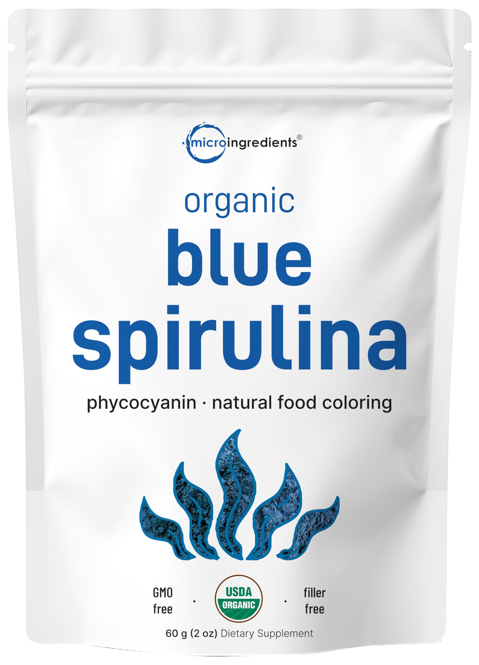 Micro Ingredients poudre spiruline bleue bio, couleur naturelle idéale pour smoothies et bols.