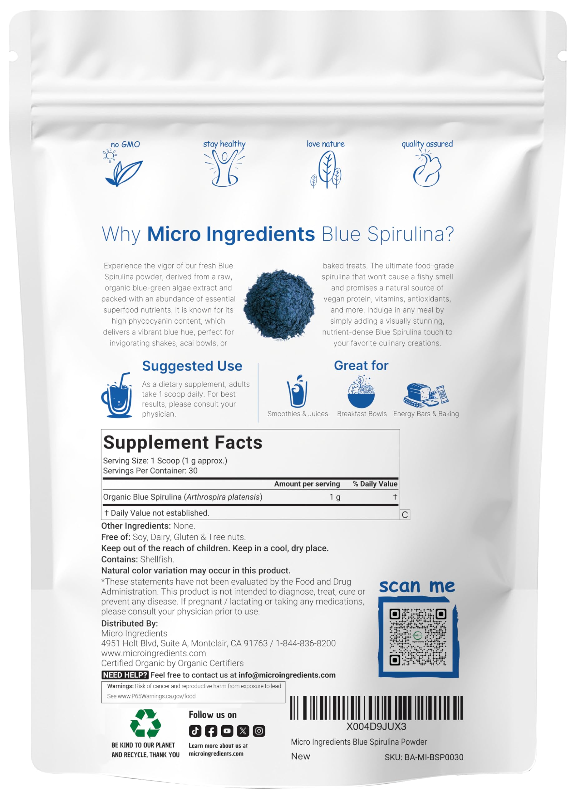 Micro Ingredients spiruline bleue dans bol acai, nutriments ajoutés.