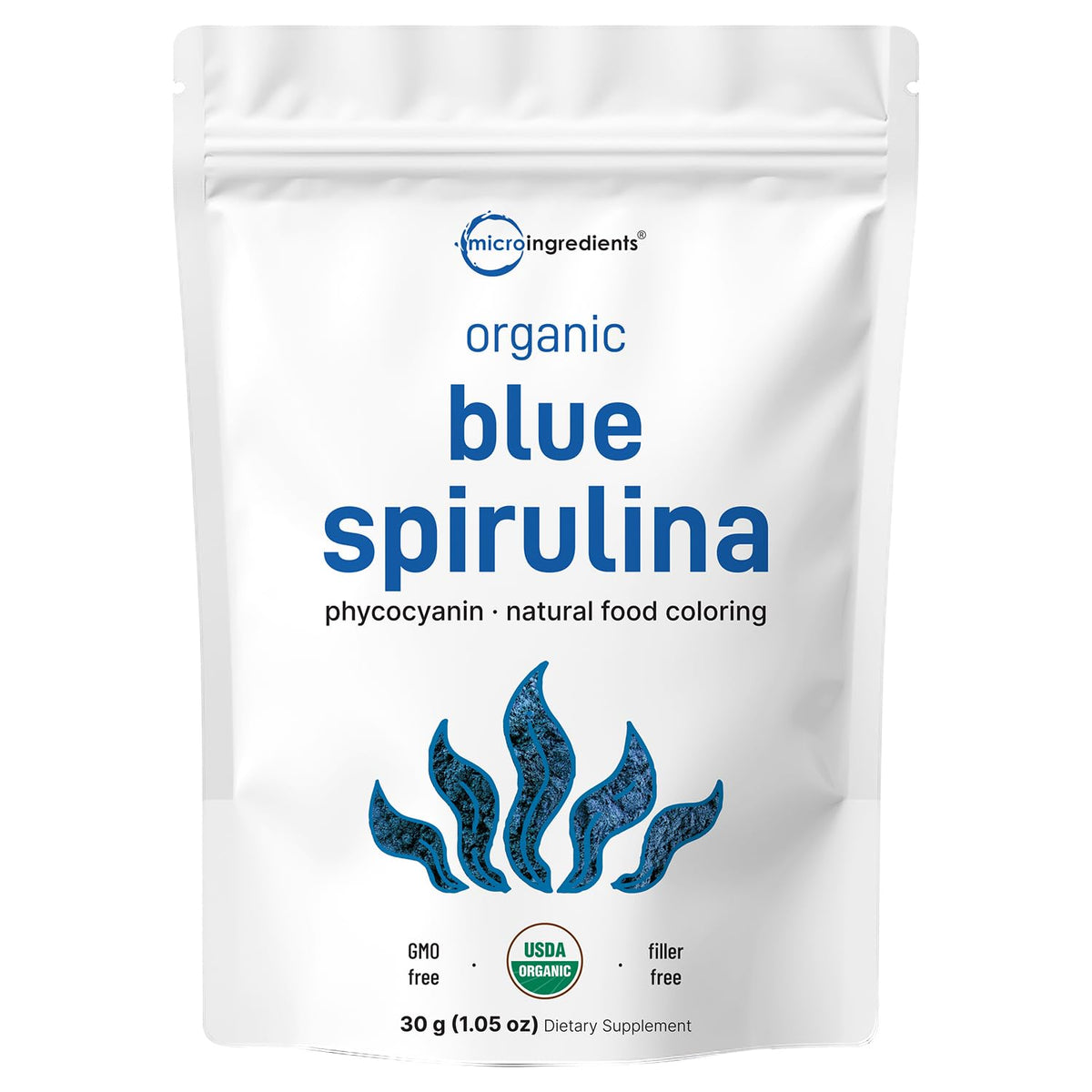 Micro Ingredients poudre spiruline bleue dans un smoothie, couleur vive.