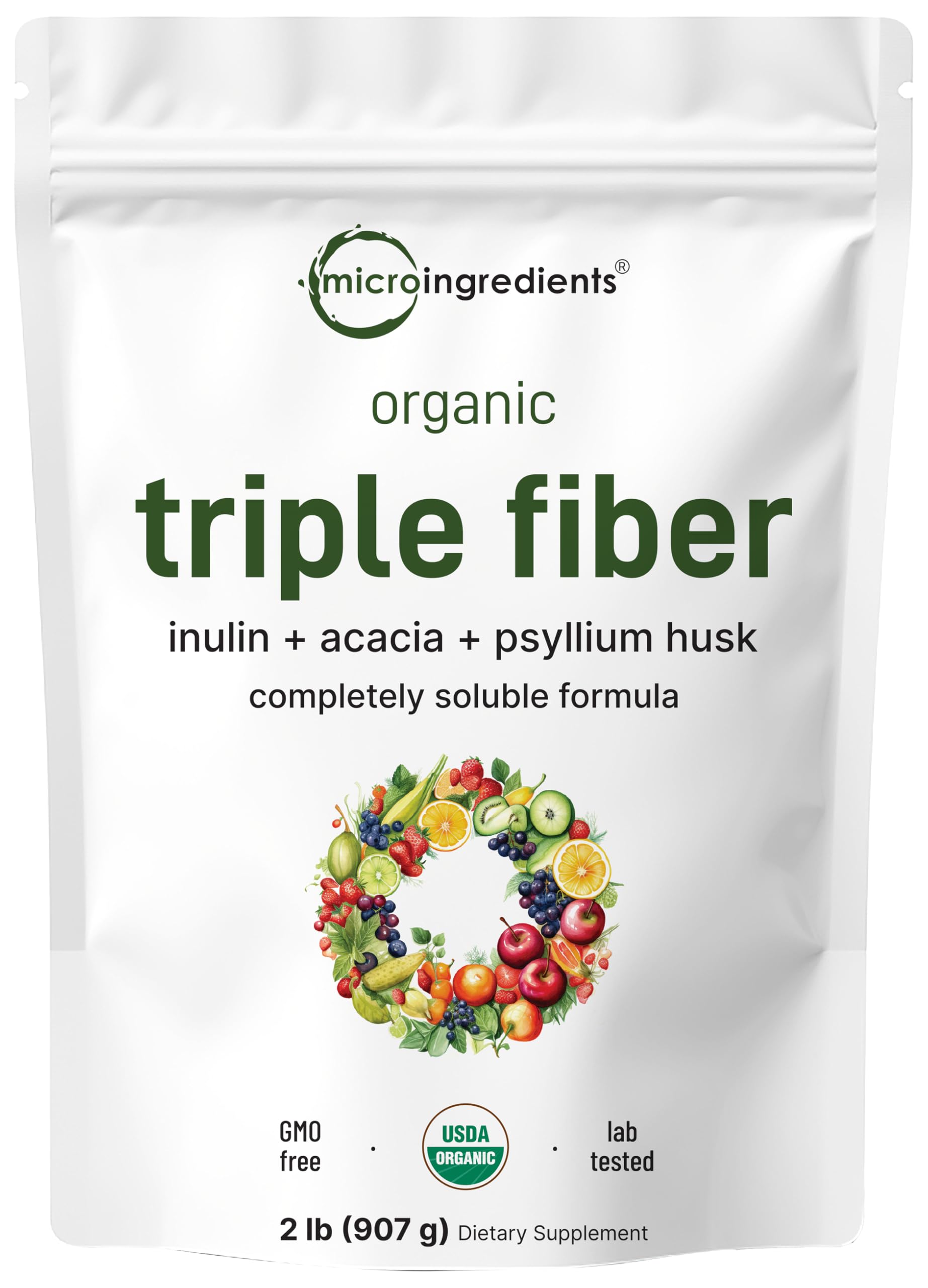 Micro Ingredients Poudre Triple Fibre Organique en boîte, apport quotidien en fibres.