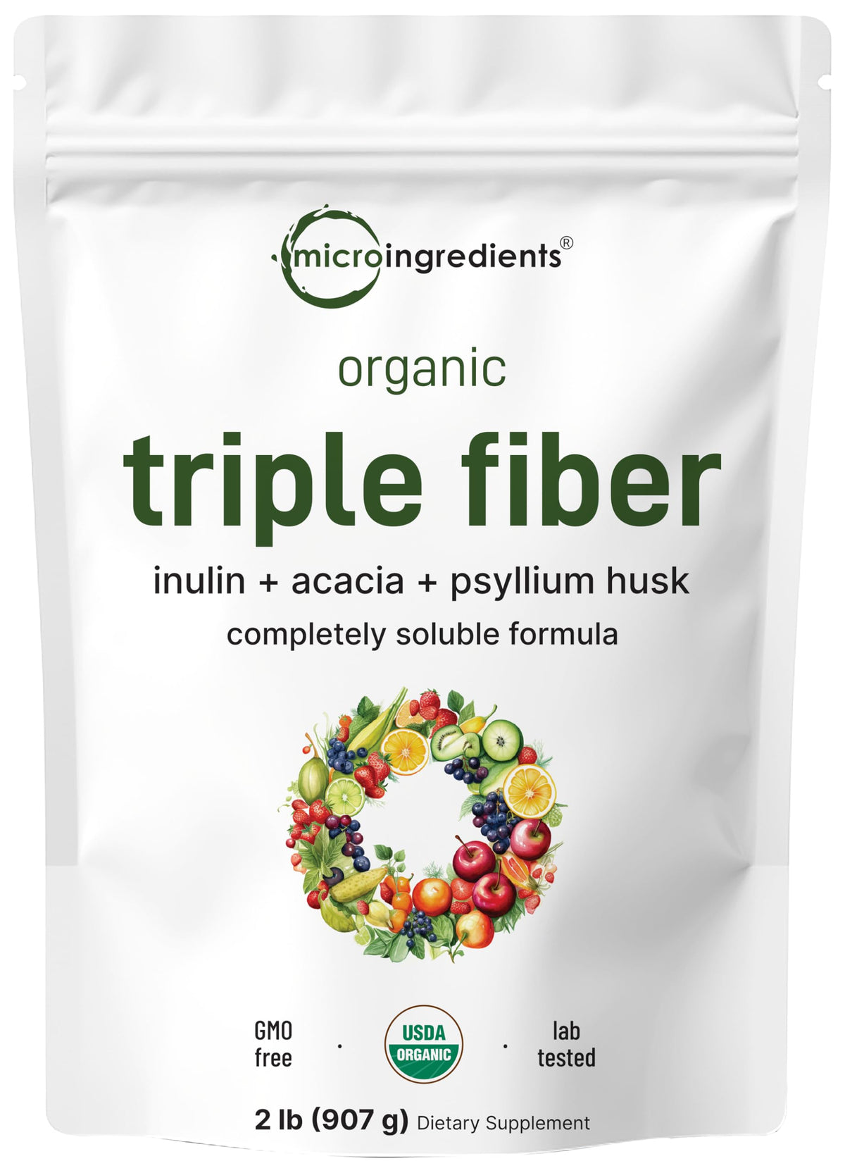 Micro Ingredients Poudre Triple Fibre Organique en boîte, apport quotidien en fibres.
