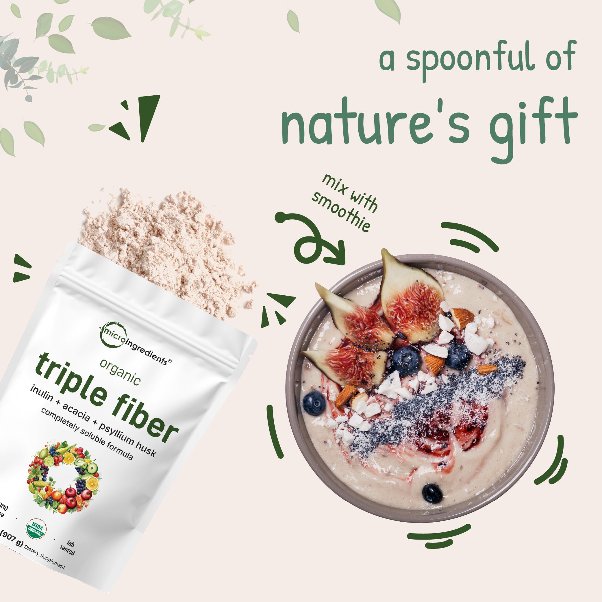 Micro Ingredients Poudre Triple Fibre Organique, emballage recyclable et respectueux de l'environnement.