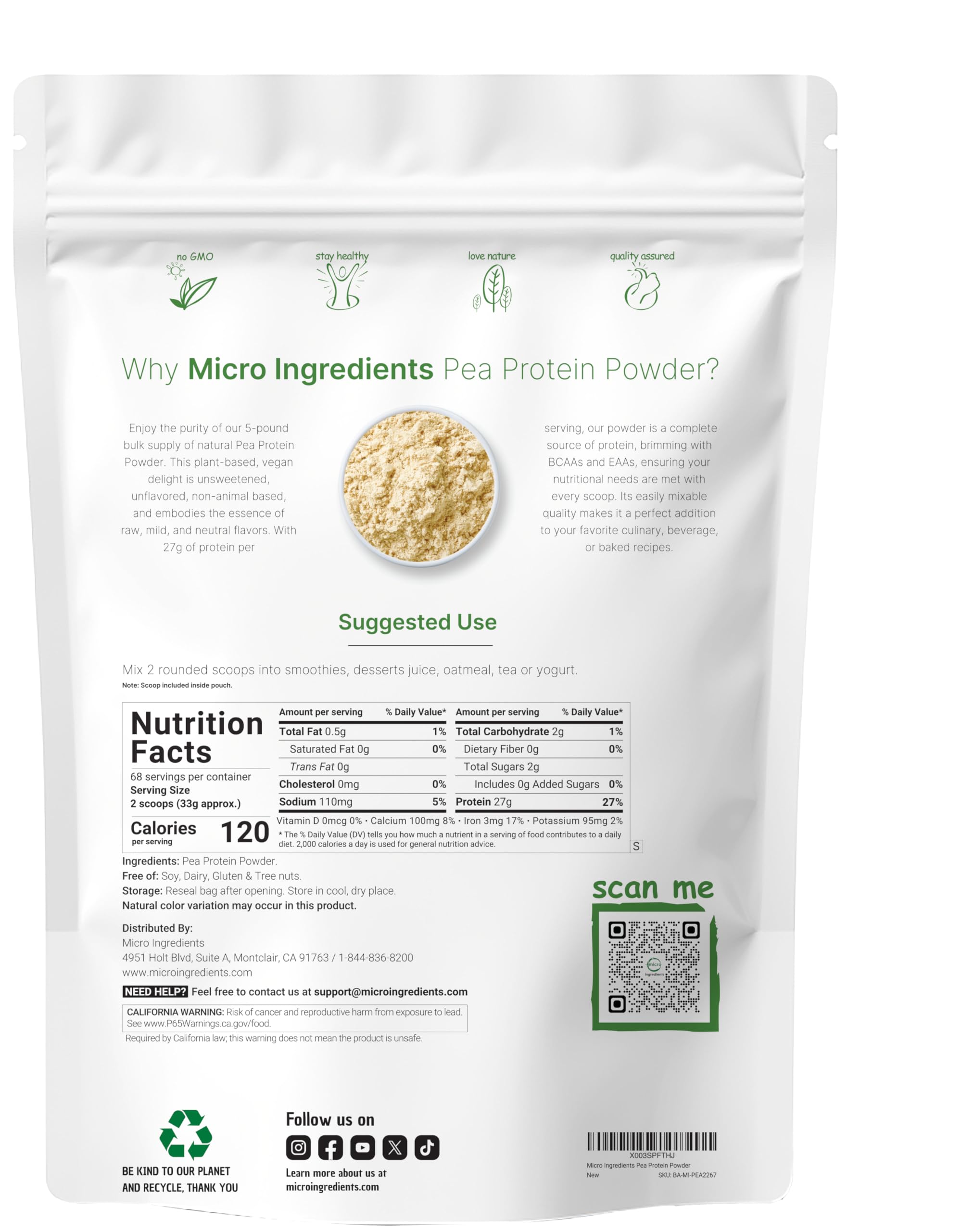 Poudre Micro Ingredients pois nord-américain en sachet 5 lb pour alimentation durable.