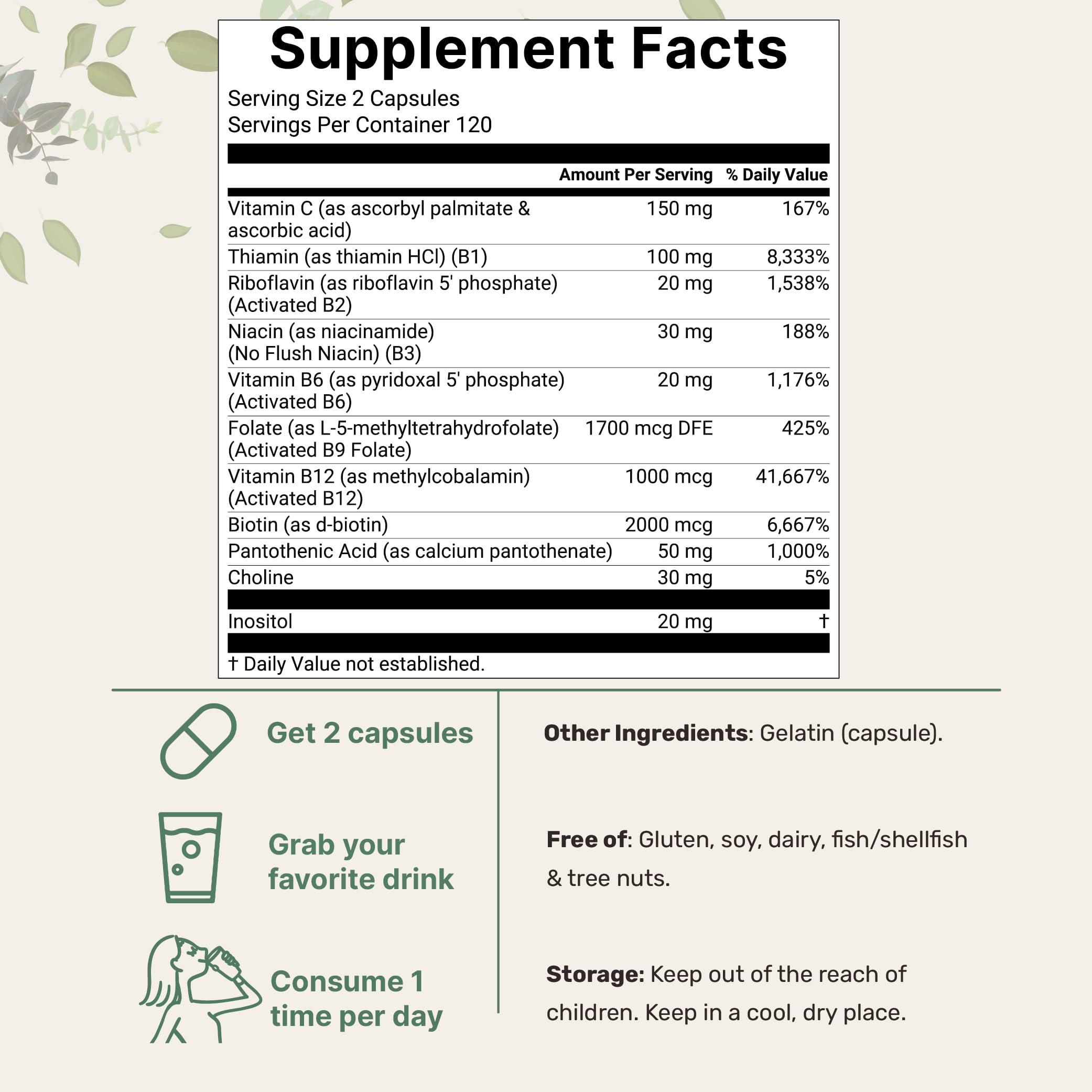 Étiquette Micro Ingredients Pure B Complex Méthylé, formulation sans remplissage.