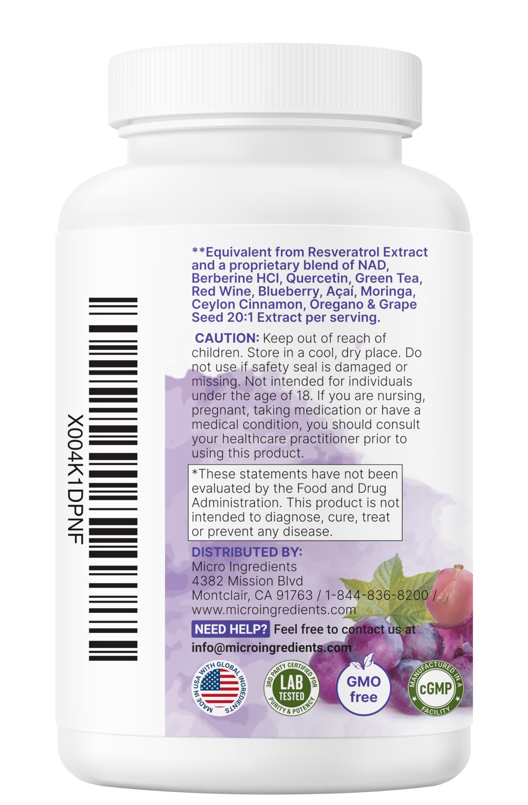 Micro Ingredients Resveratrol NAD Complex - emballage écologique et sans allergènes courants.