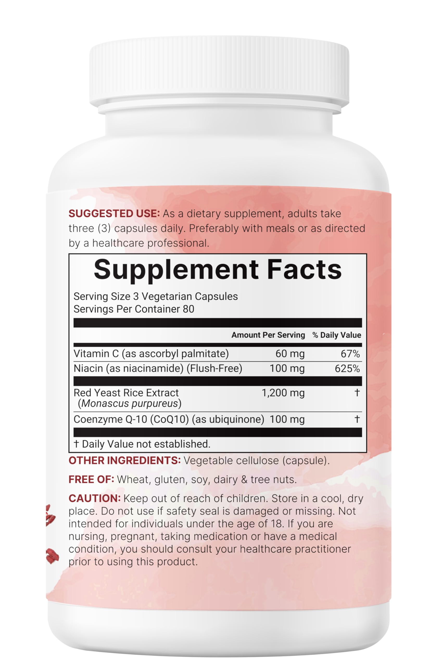 Détails nutritionnels indiquant 1 200 mg riz rouge par 3 capsules.