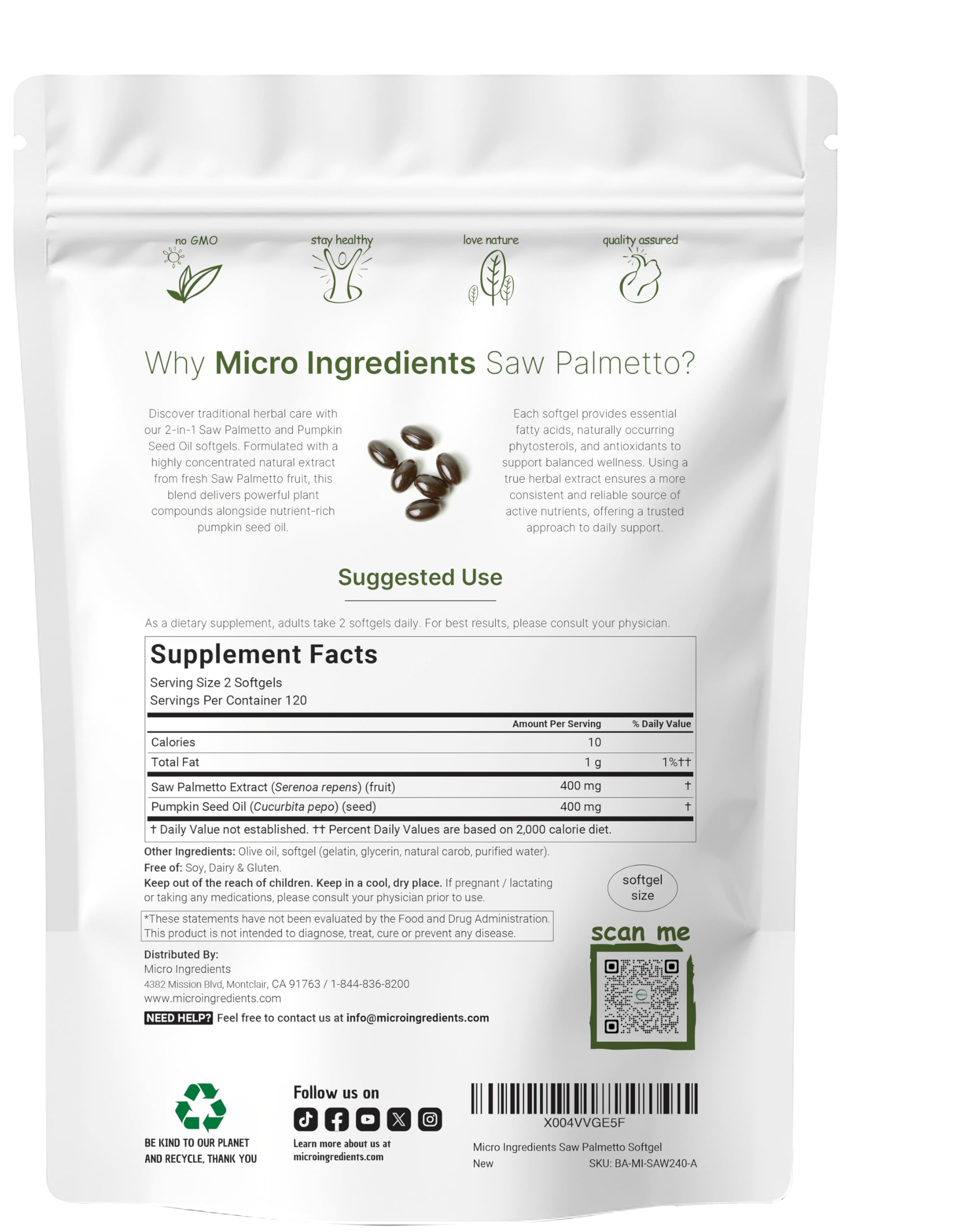 Étiquette Saw Palmetto extrait frais et visible sur le produit Micro Ingredients