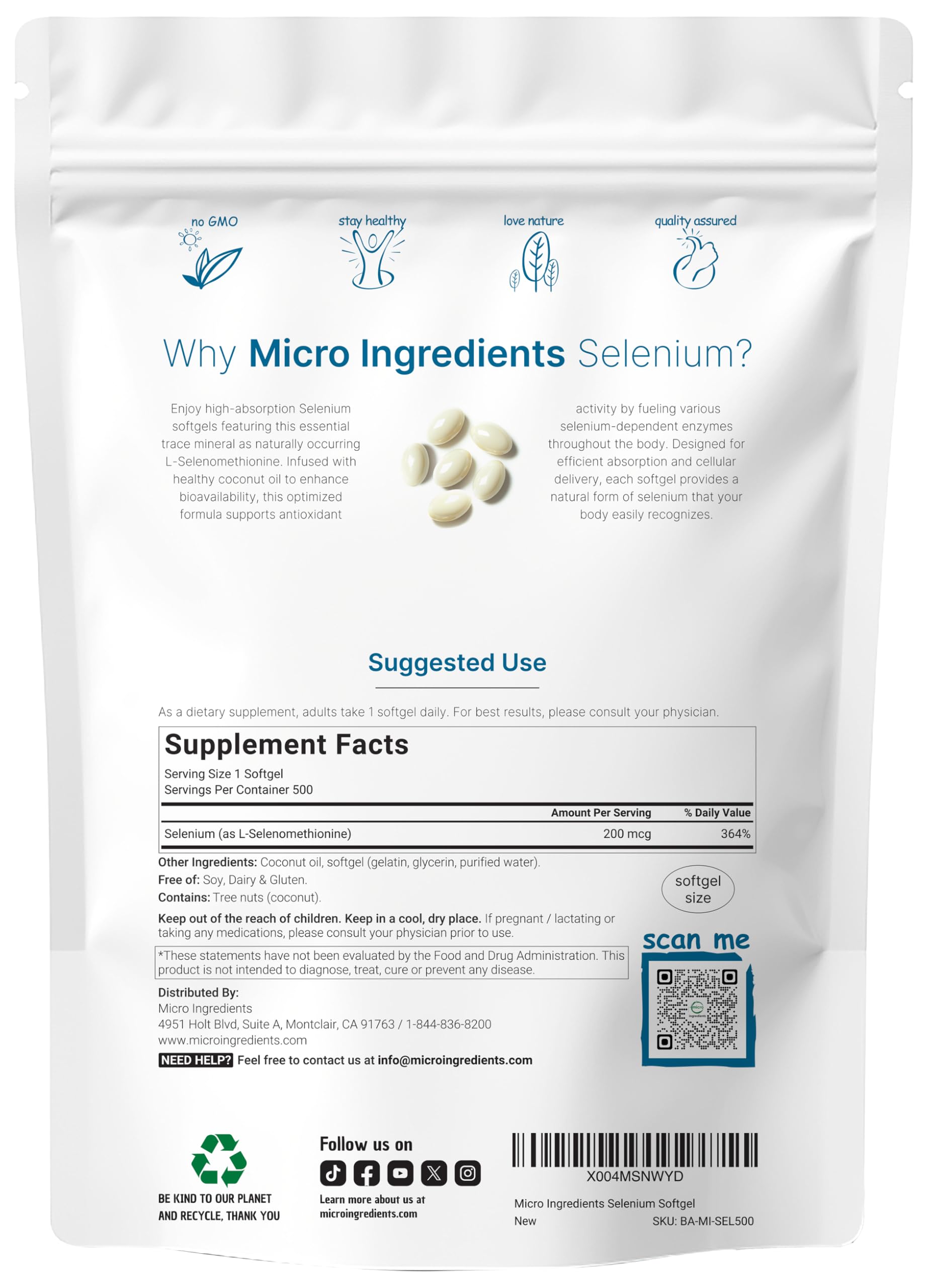 Micro Ingredients Sélénium – gélules molles avec huile de coco pour meilleure assimilation