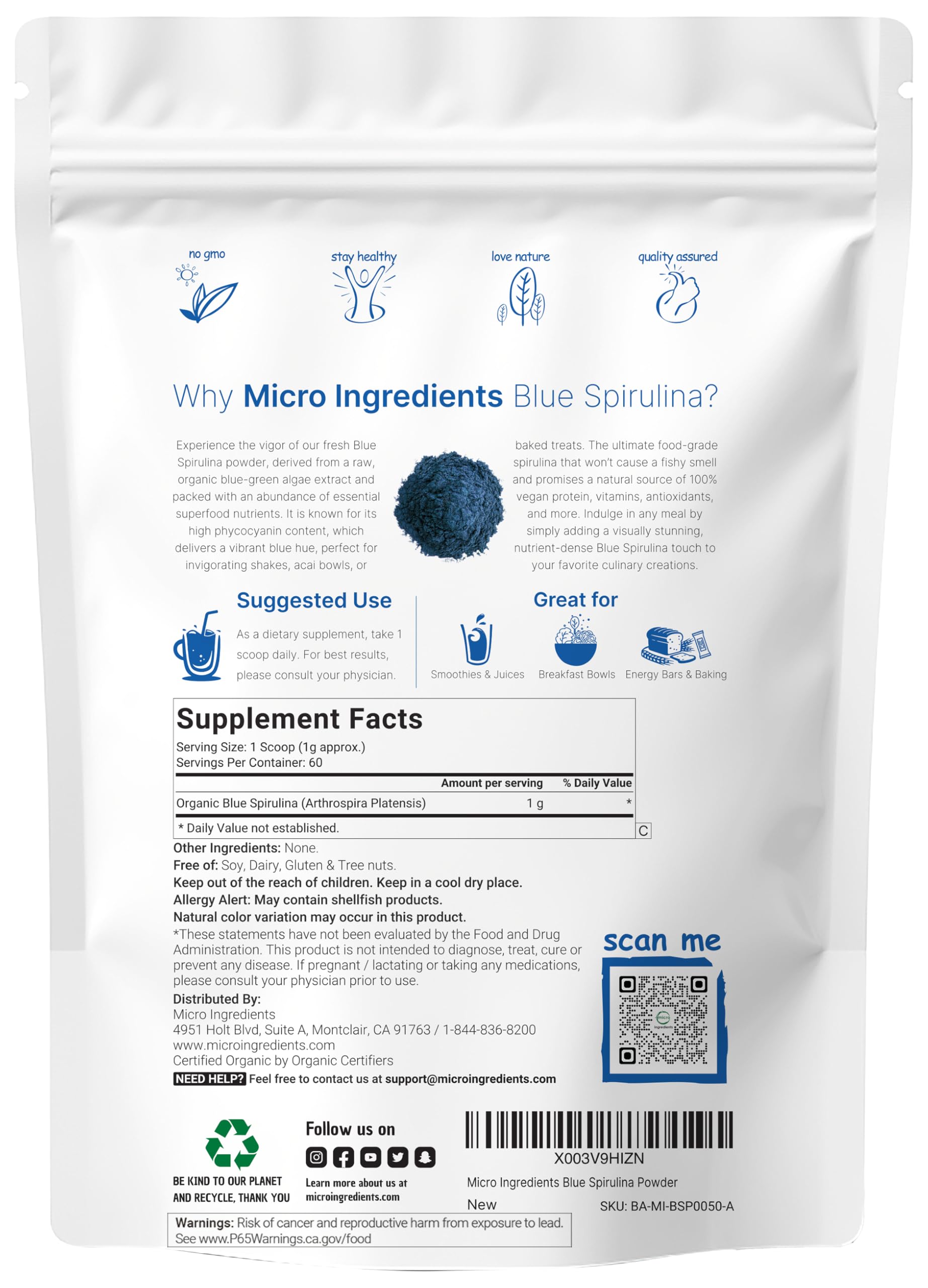 Micro Ingredients smoothie spiruline bleue, apporte une couleur lumineuse sans odeur.