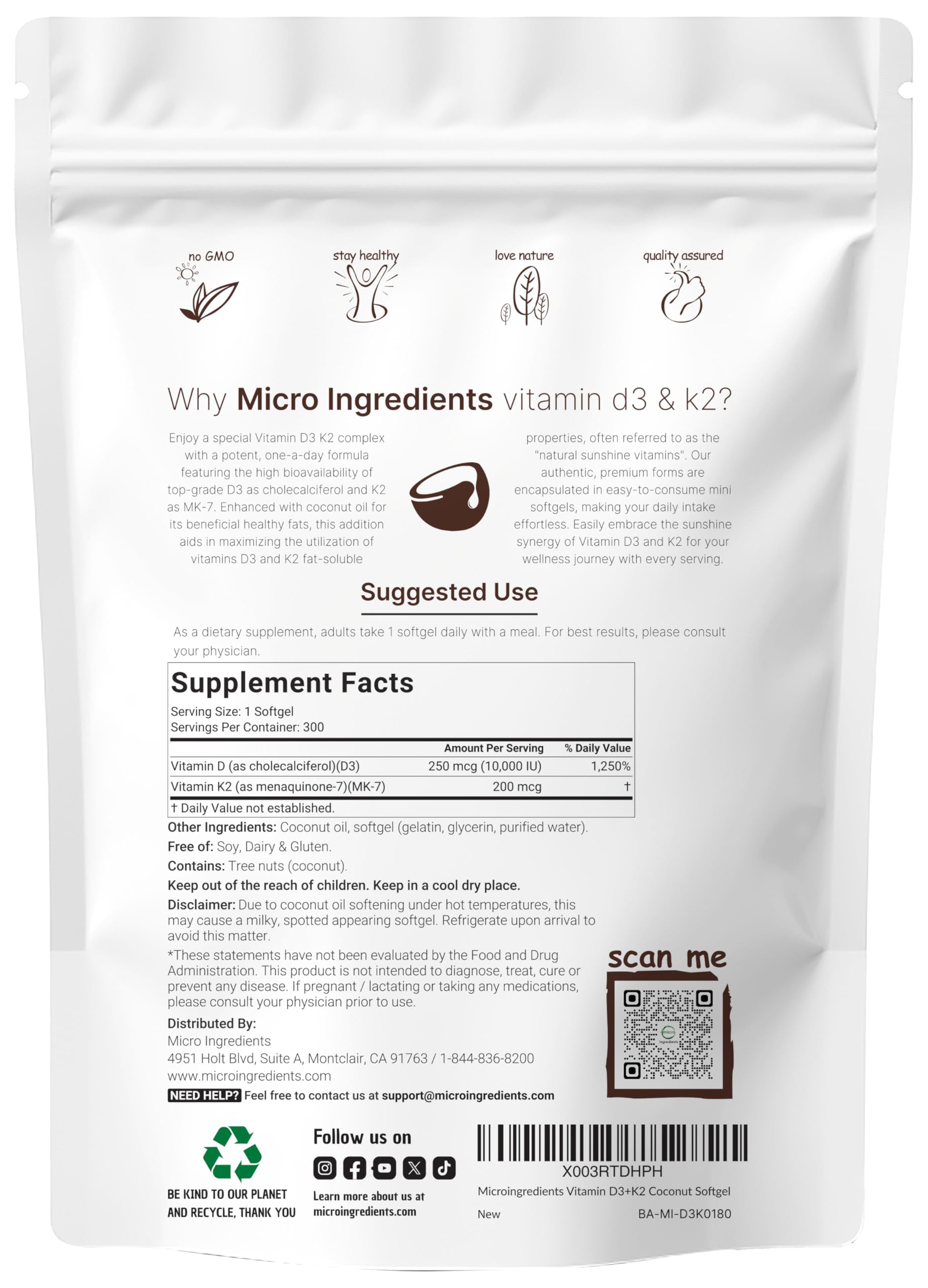 Capsules Softgels Micro Ingredients D3-K2 MK7, format 2-pack pratique pour la routine quotidienne.